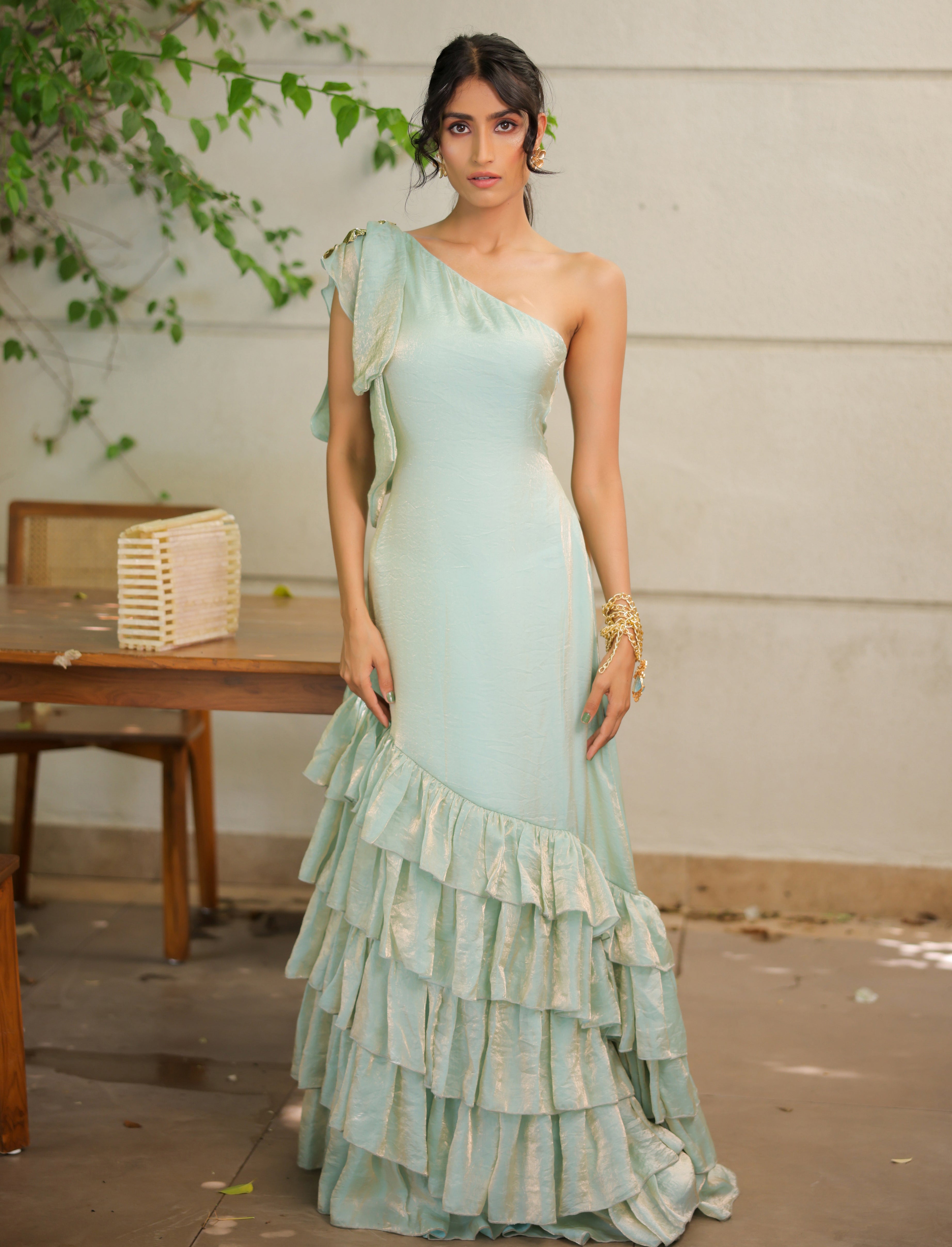 Sky Blue Ruffle One Shoulder Maxi Dress