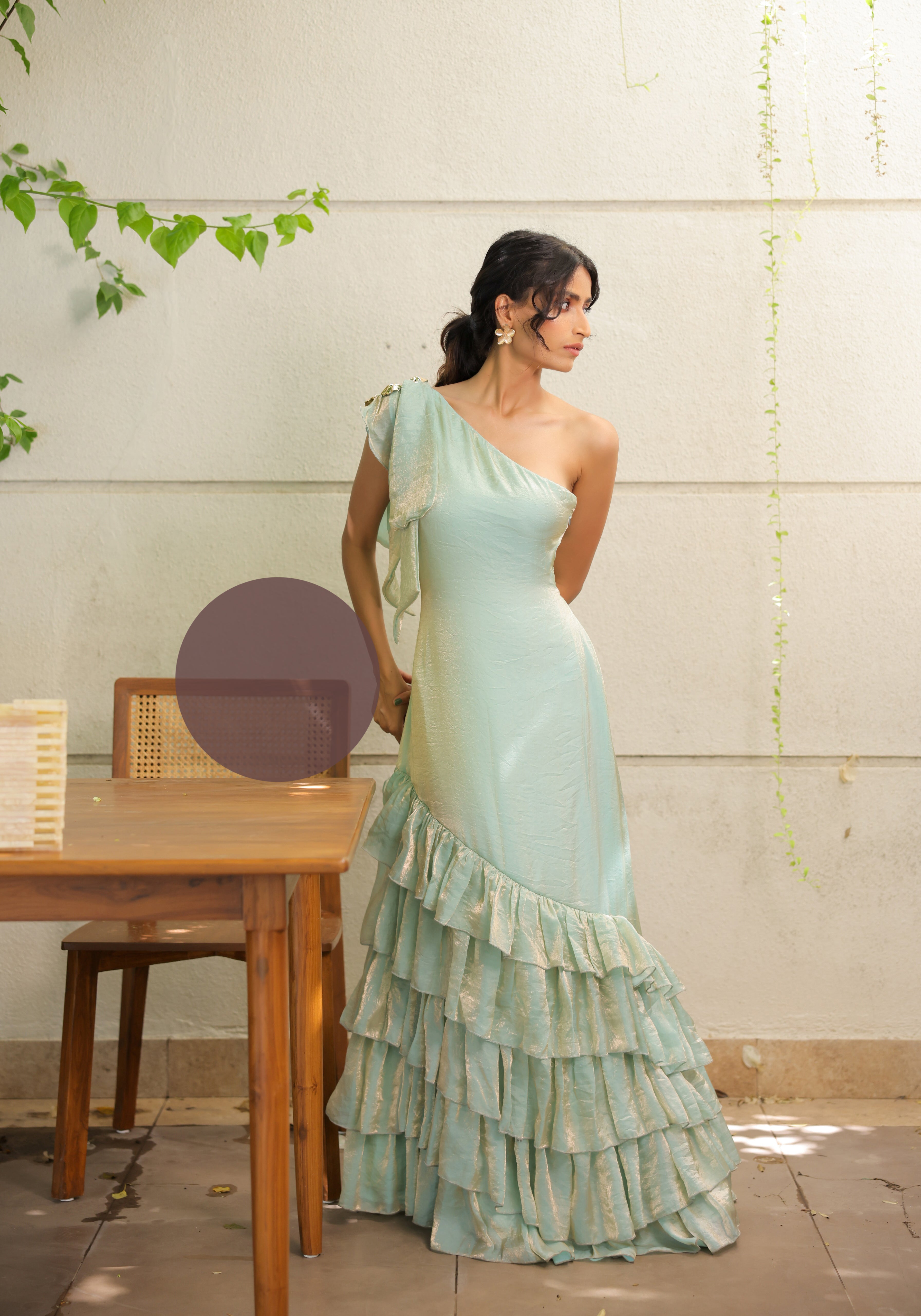 Sky Blue Ruffle One Shoulder Maxi Dress
