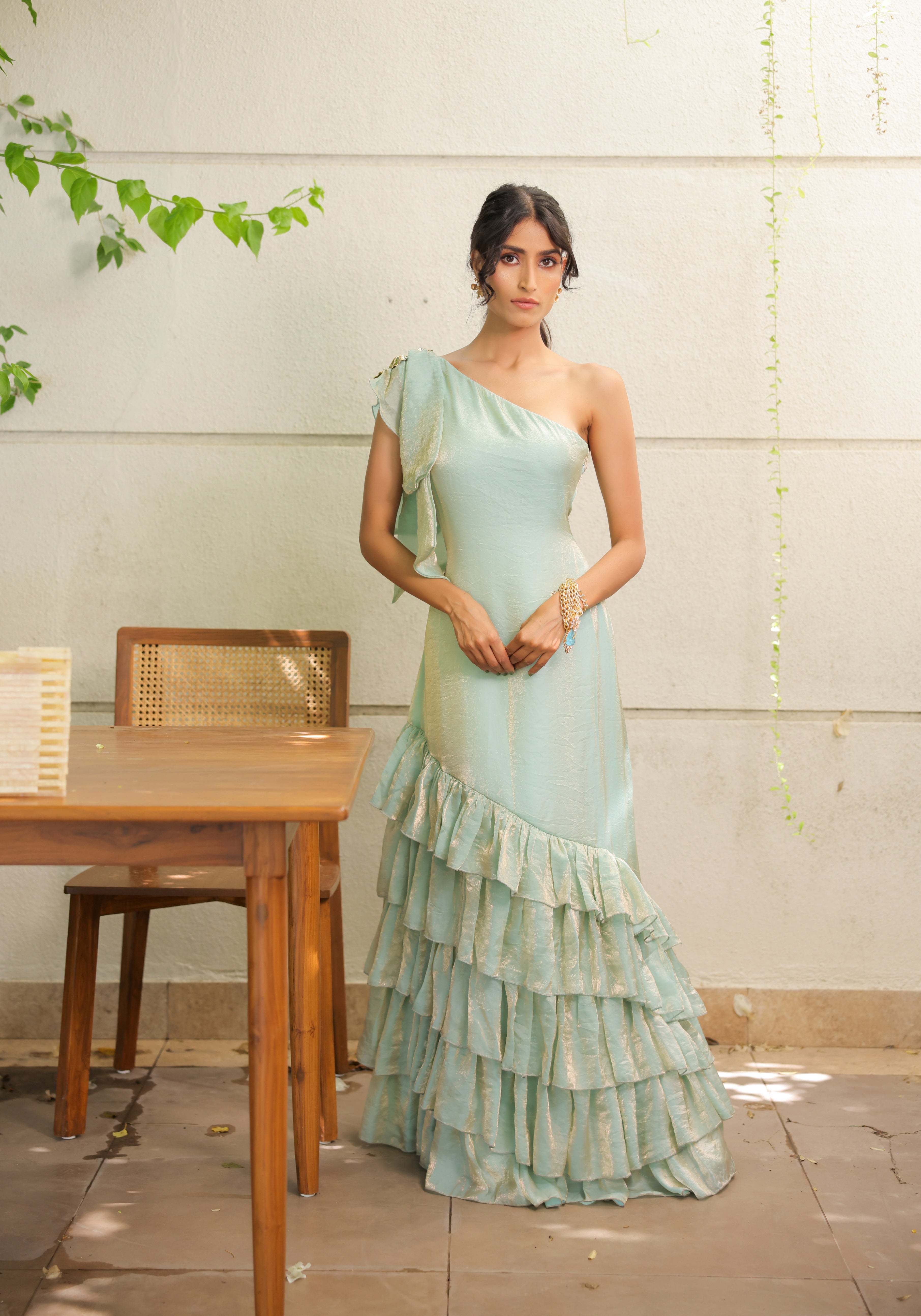 Sky Blue Ruffle One Shoulder Maxi Dress