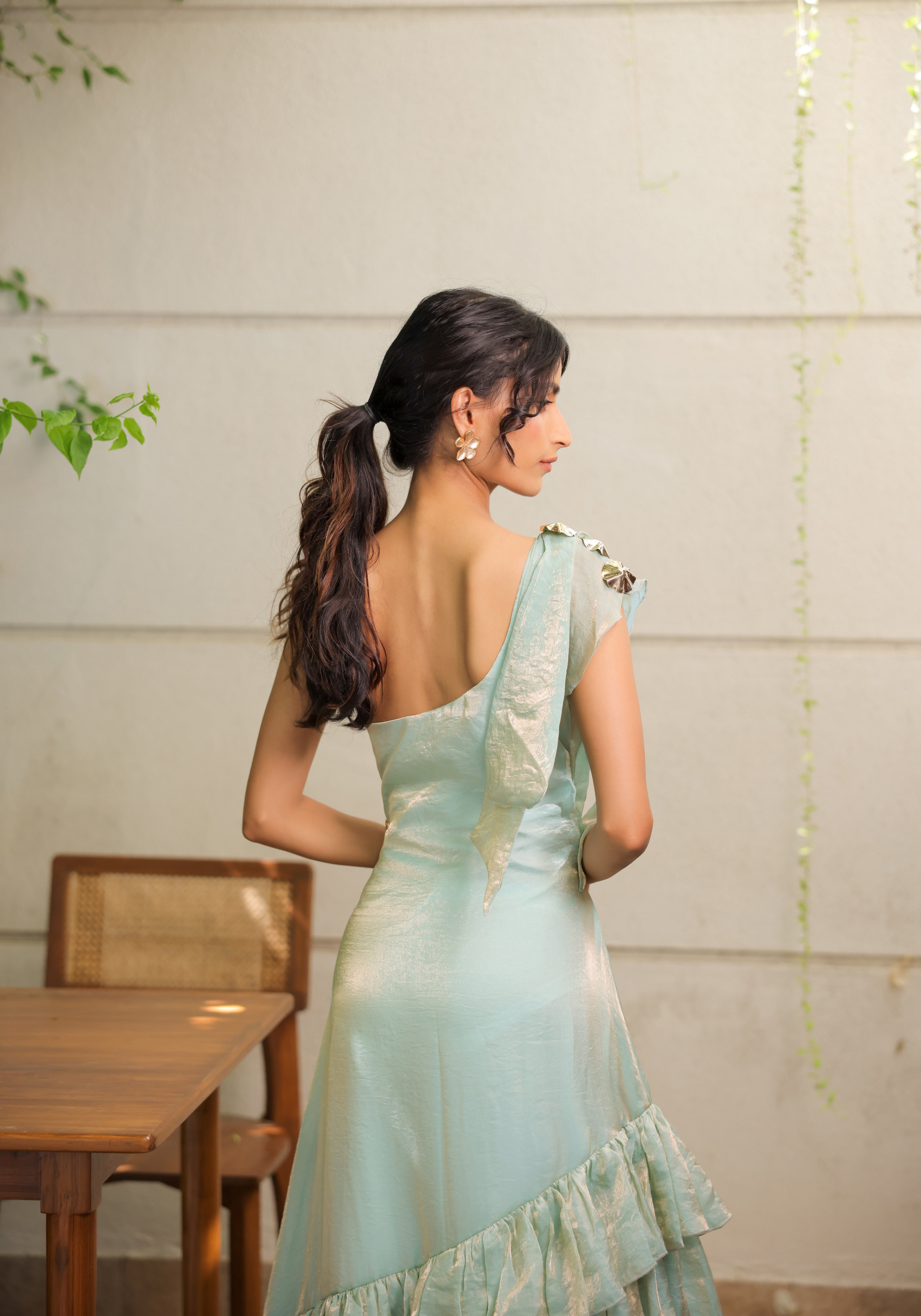 Sky Blue Ruffle One Shoulder Maxi Dress