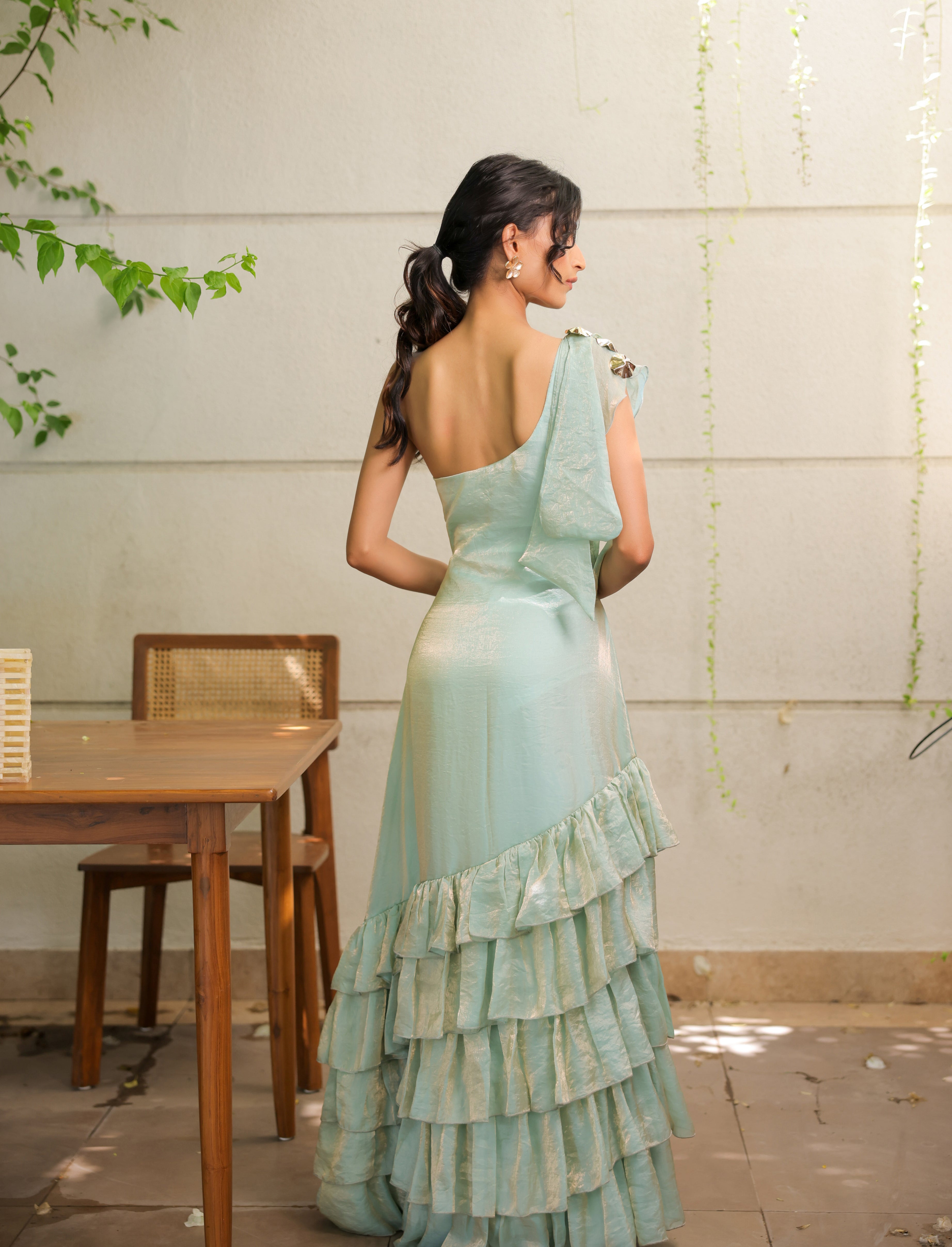 Sky Blue Ruffle One Shoulder Maxi Dress