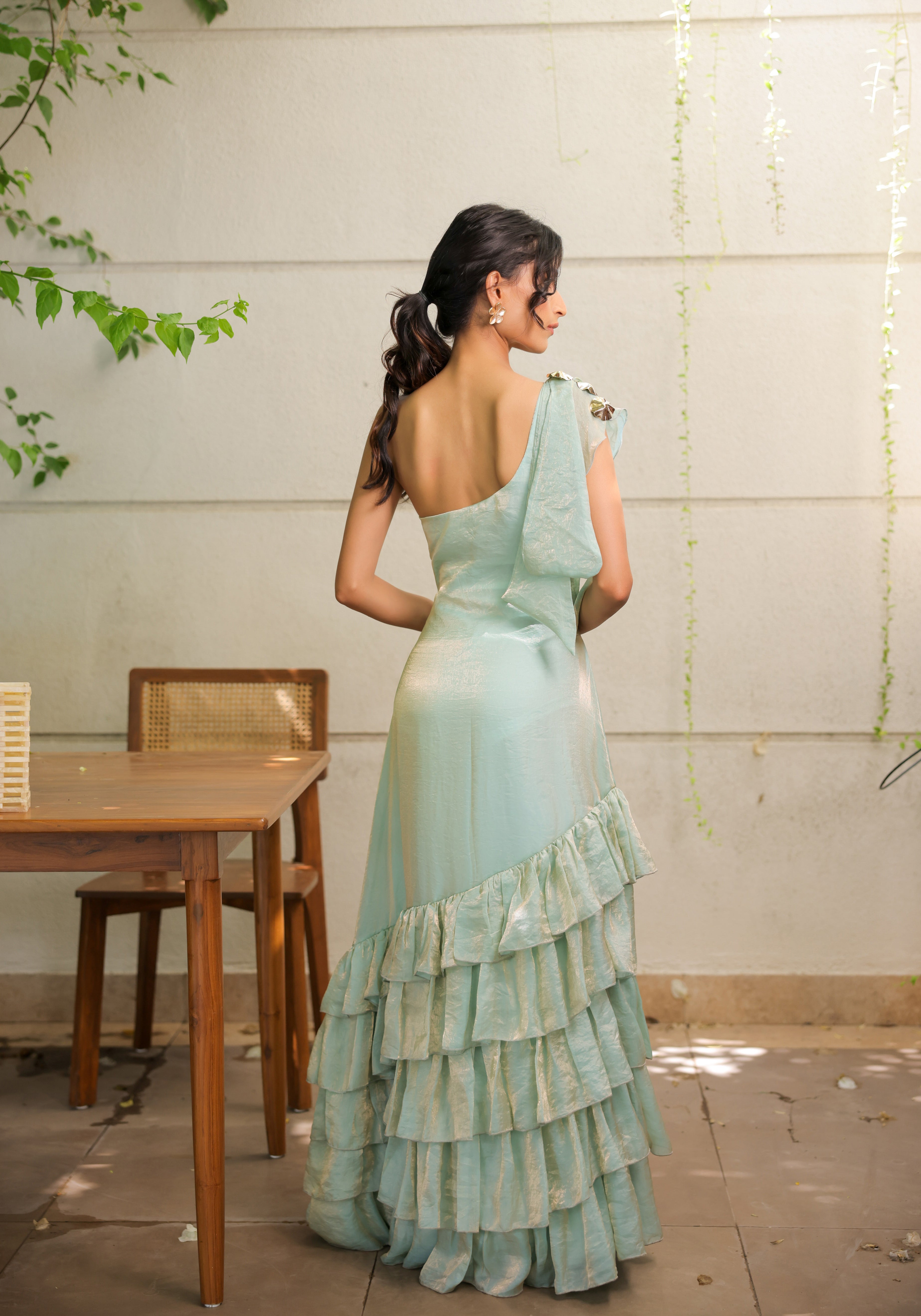 Sky Blue Ruffle One Shoulder Maxi Dress