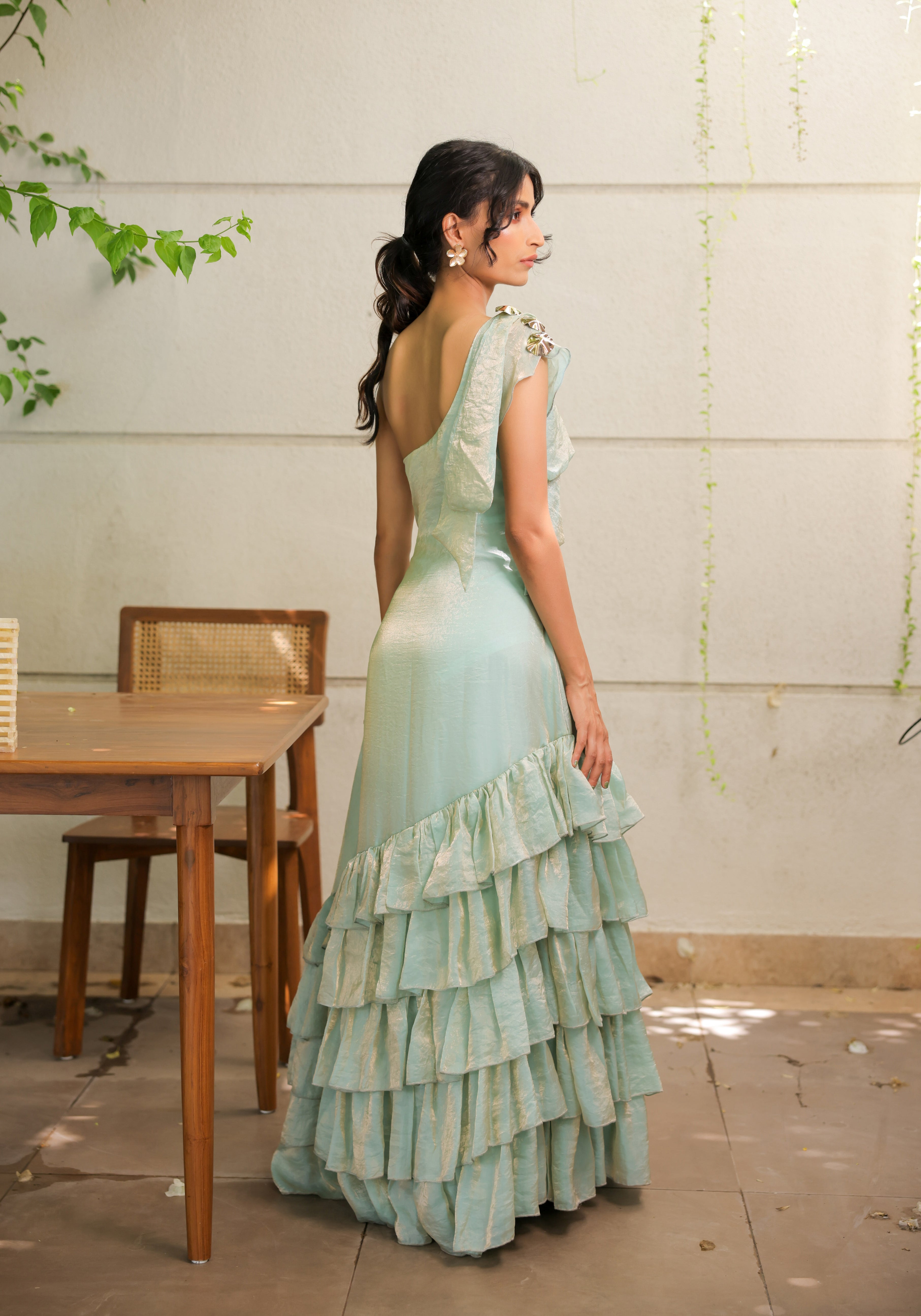 Sky Blue Ruffle One Shoulder Maxi Dress