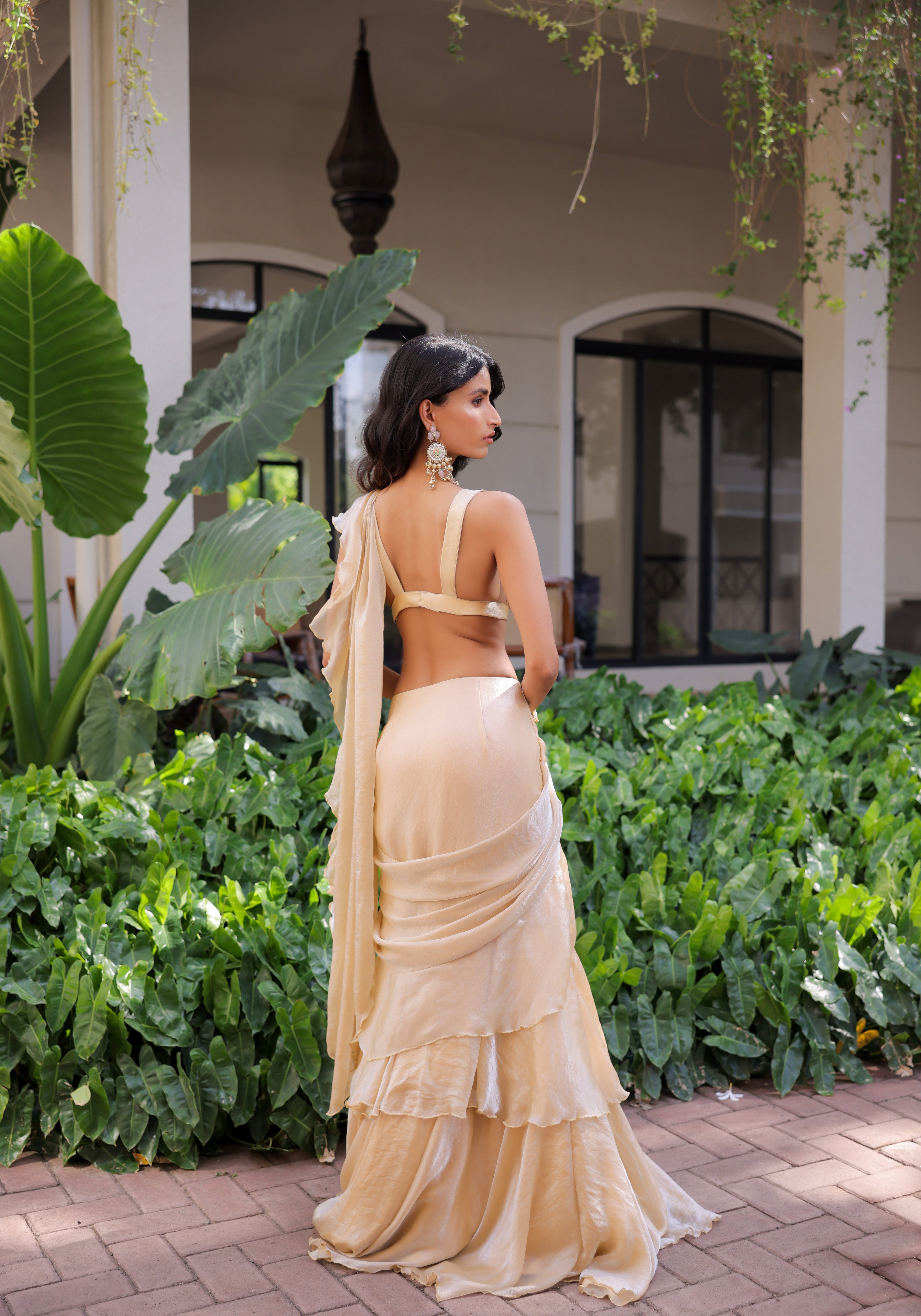 Cream Ruffle Draped Saree Set