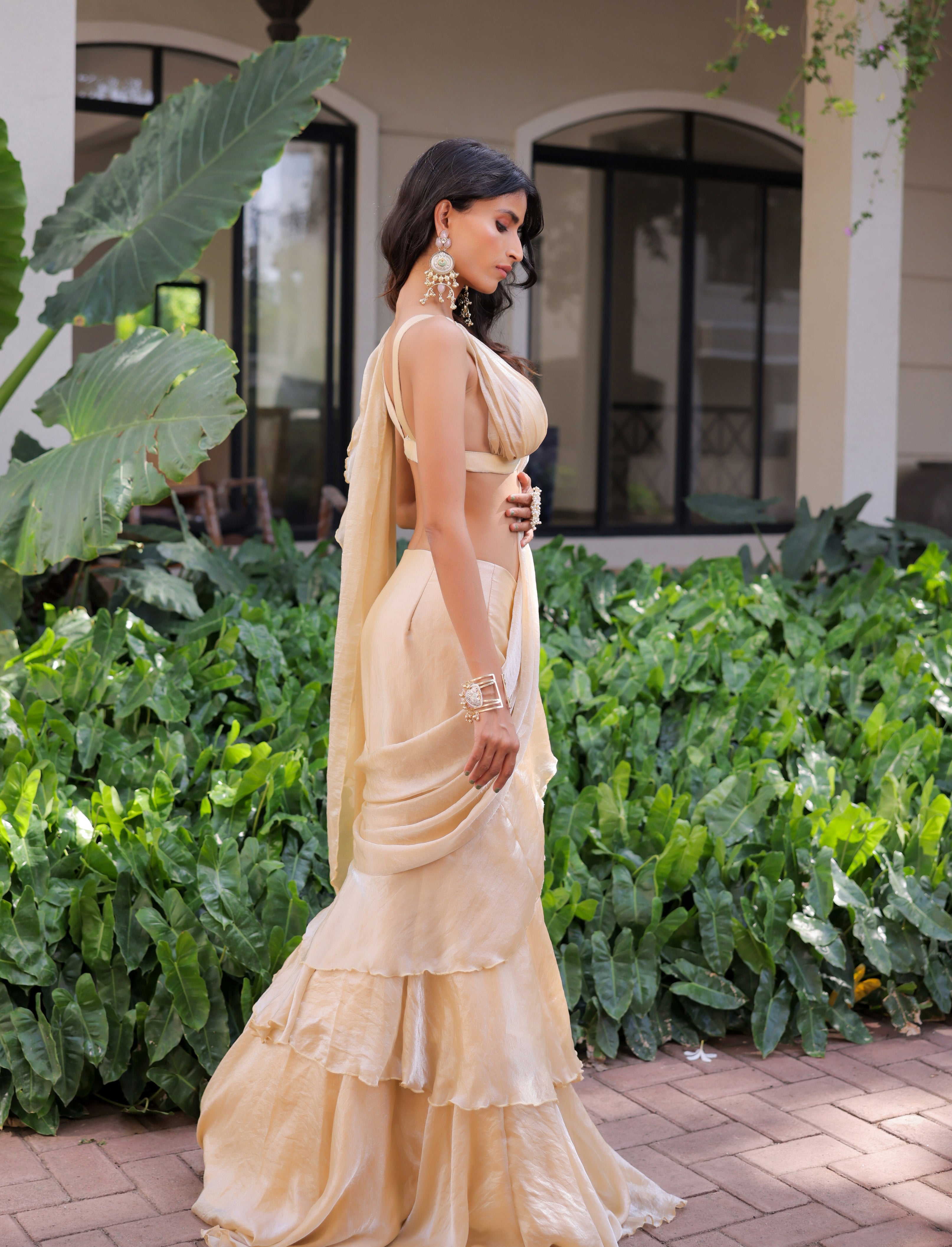 Cream Ruffle Draped Saree Set