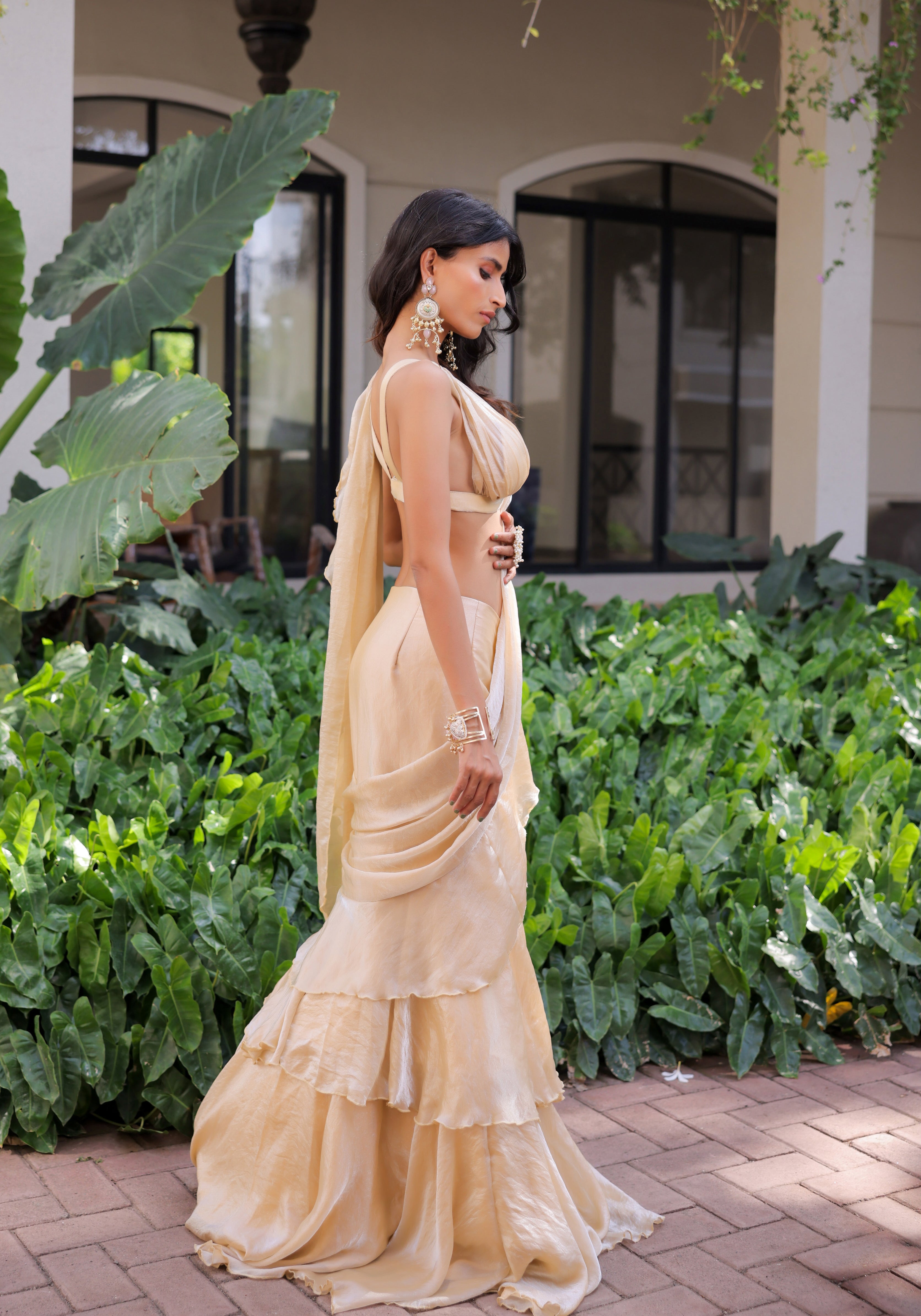 Cream Ruffle Draped Saree Set
