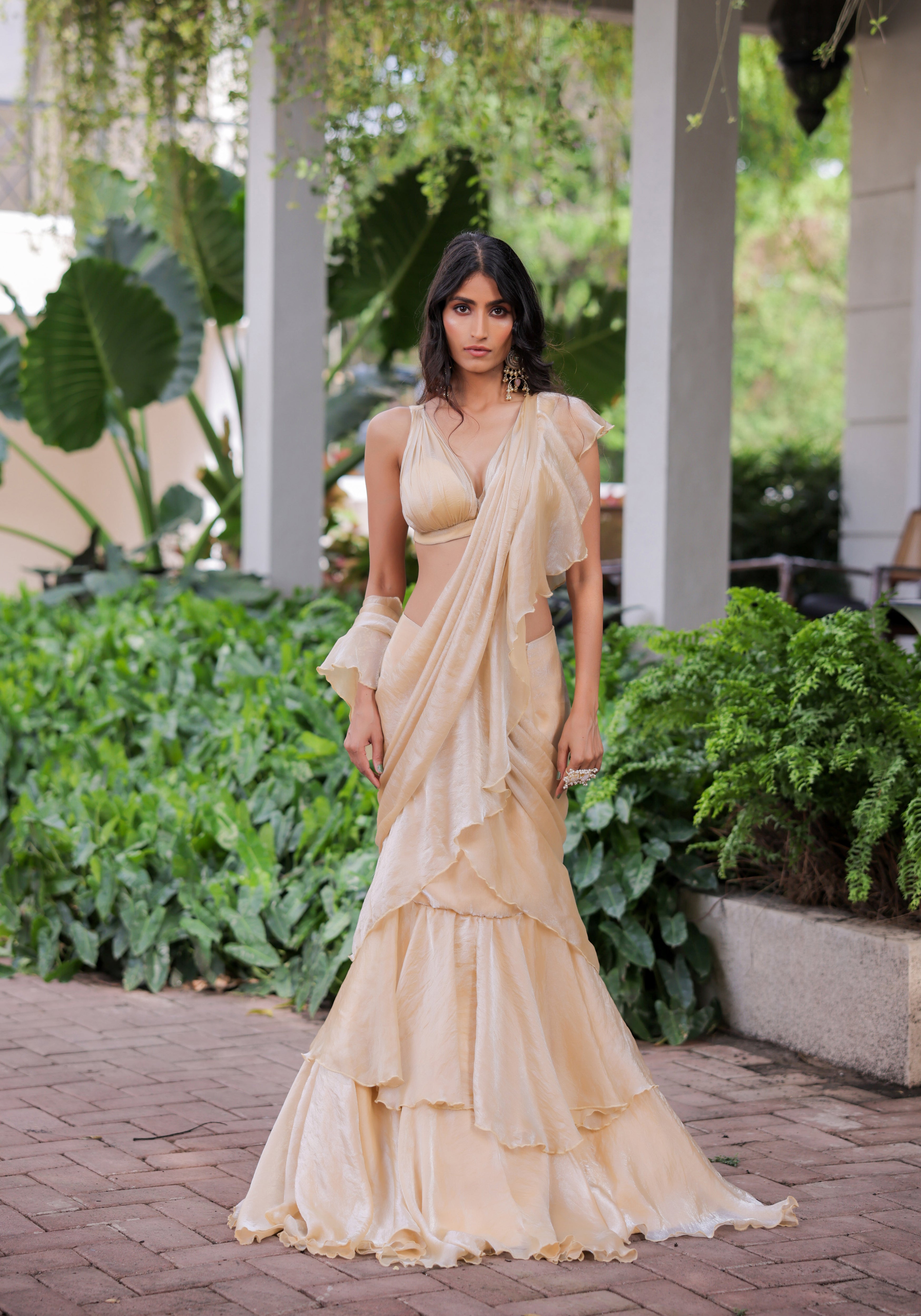 Cream Ruffle Draped Saree Set