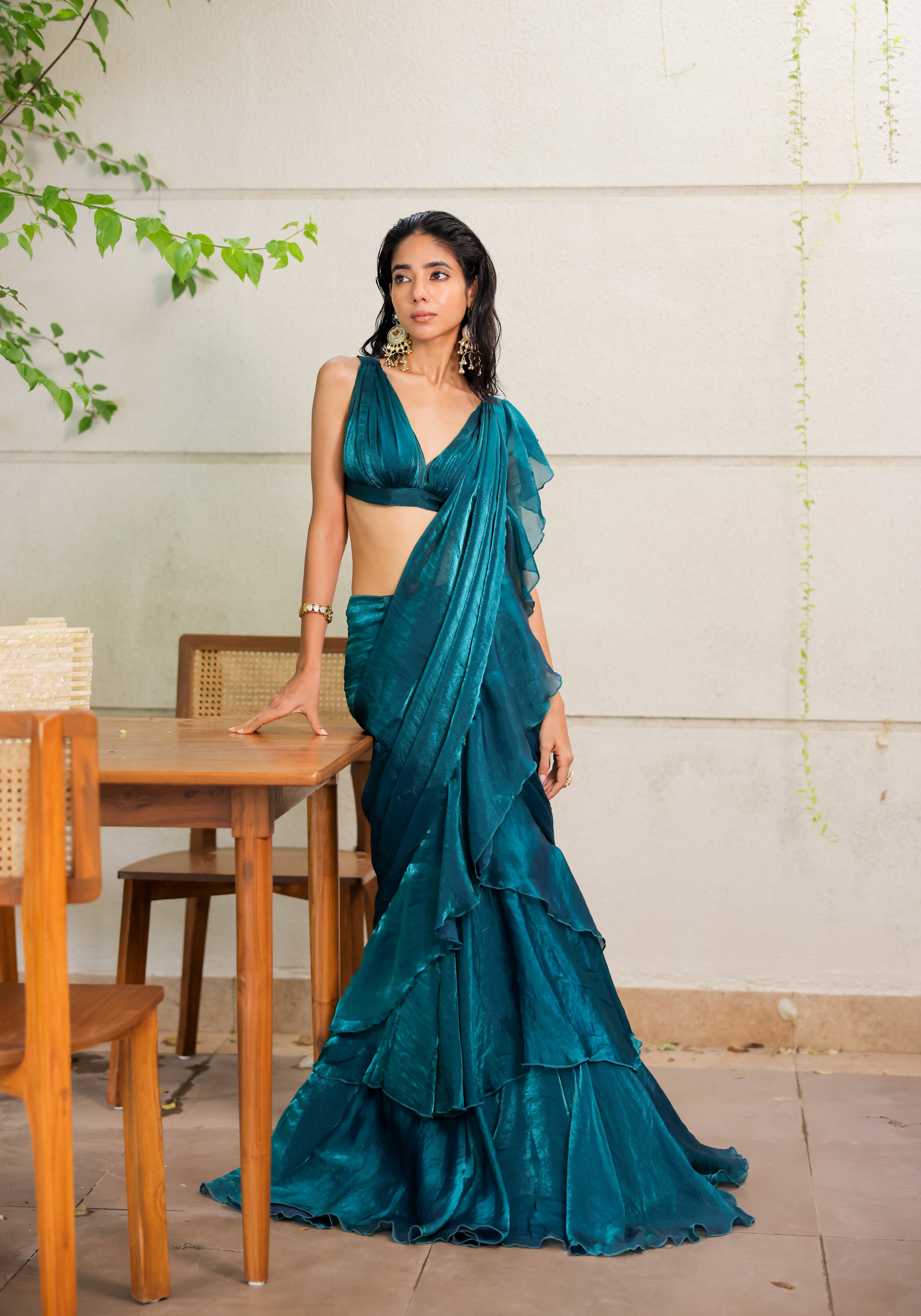 Teal Green / Peacock Blue Ruffle Draped Saree Set
