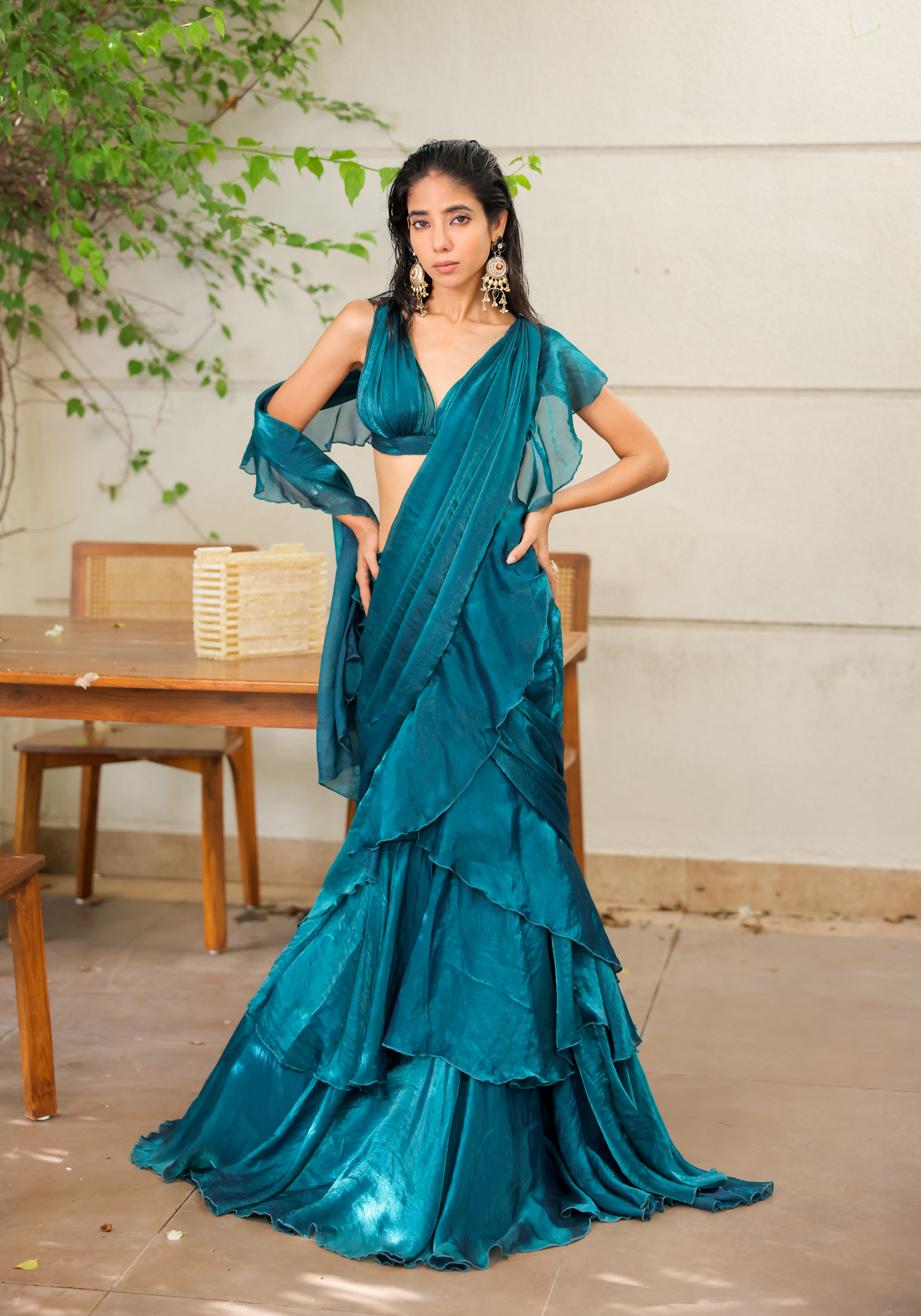 Teal Green / Peacock Blue Ruffle Draped Saree Set