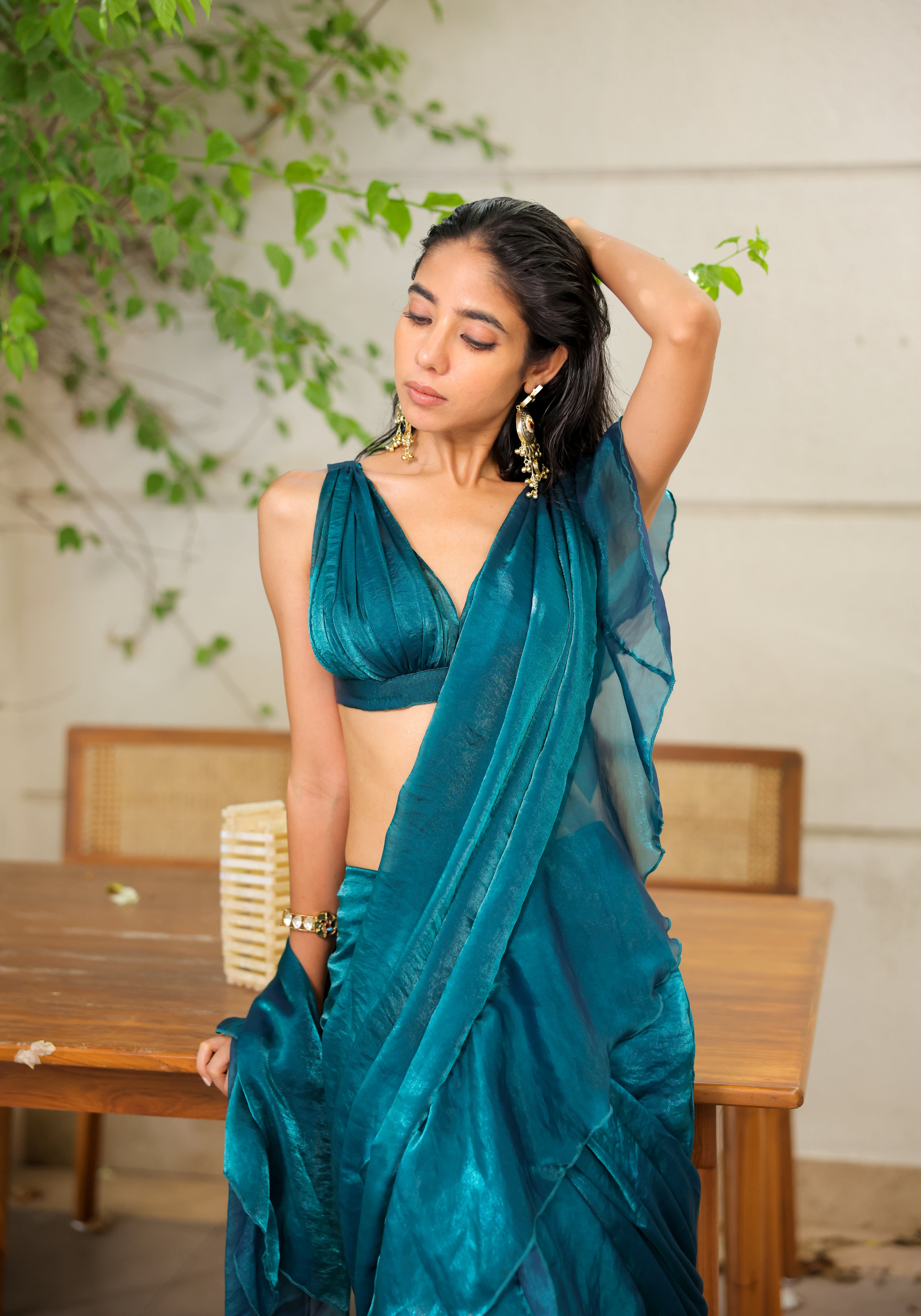 Teal Green / Peacock Blue Ruffle Draped Saree Set