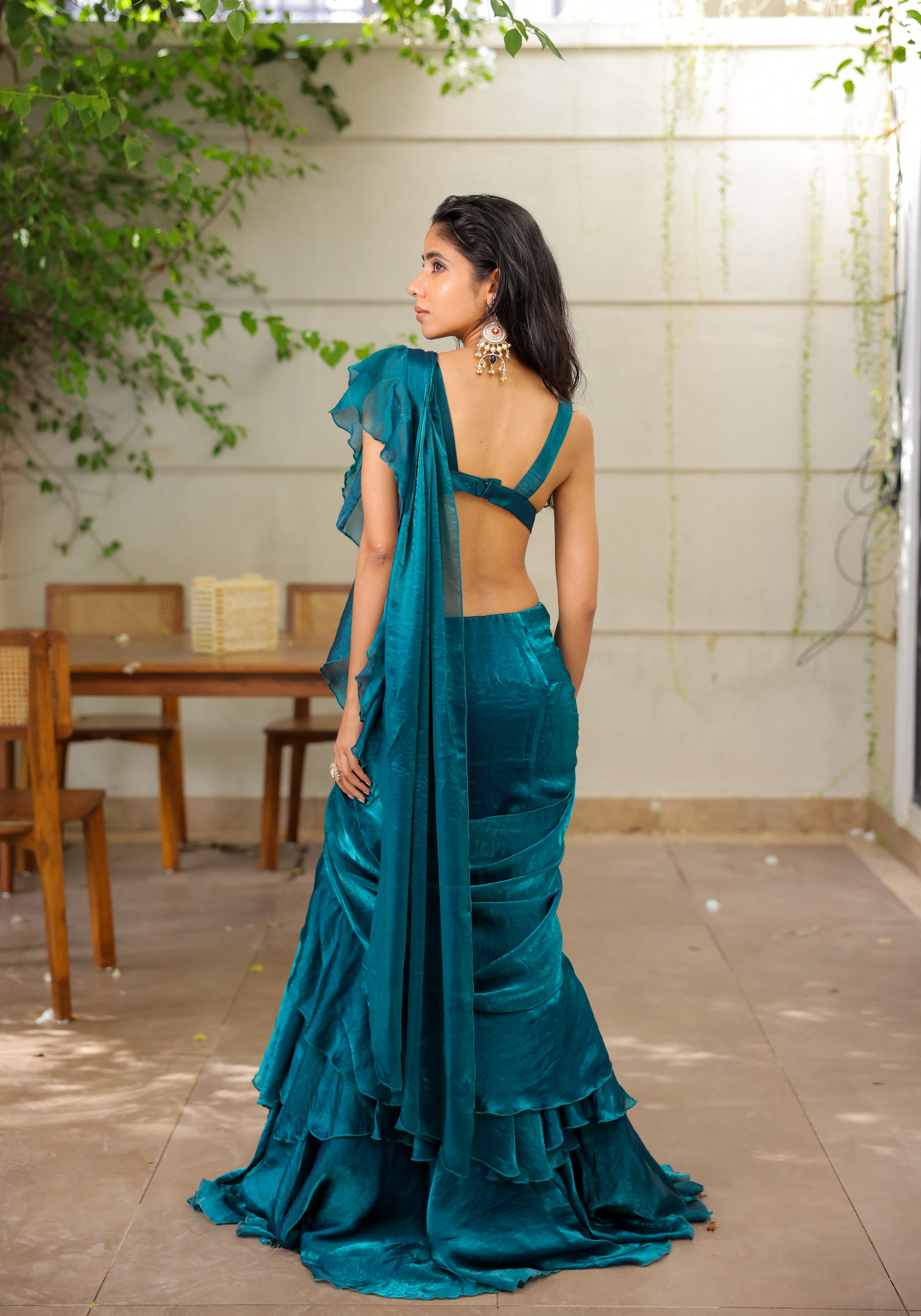 Teal Green / Peacock Blue Ruffle Draped Saree Set
