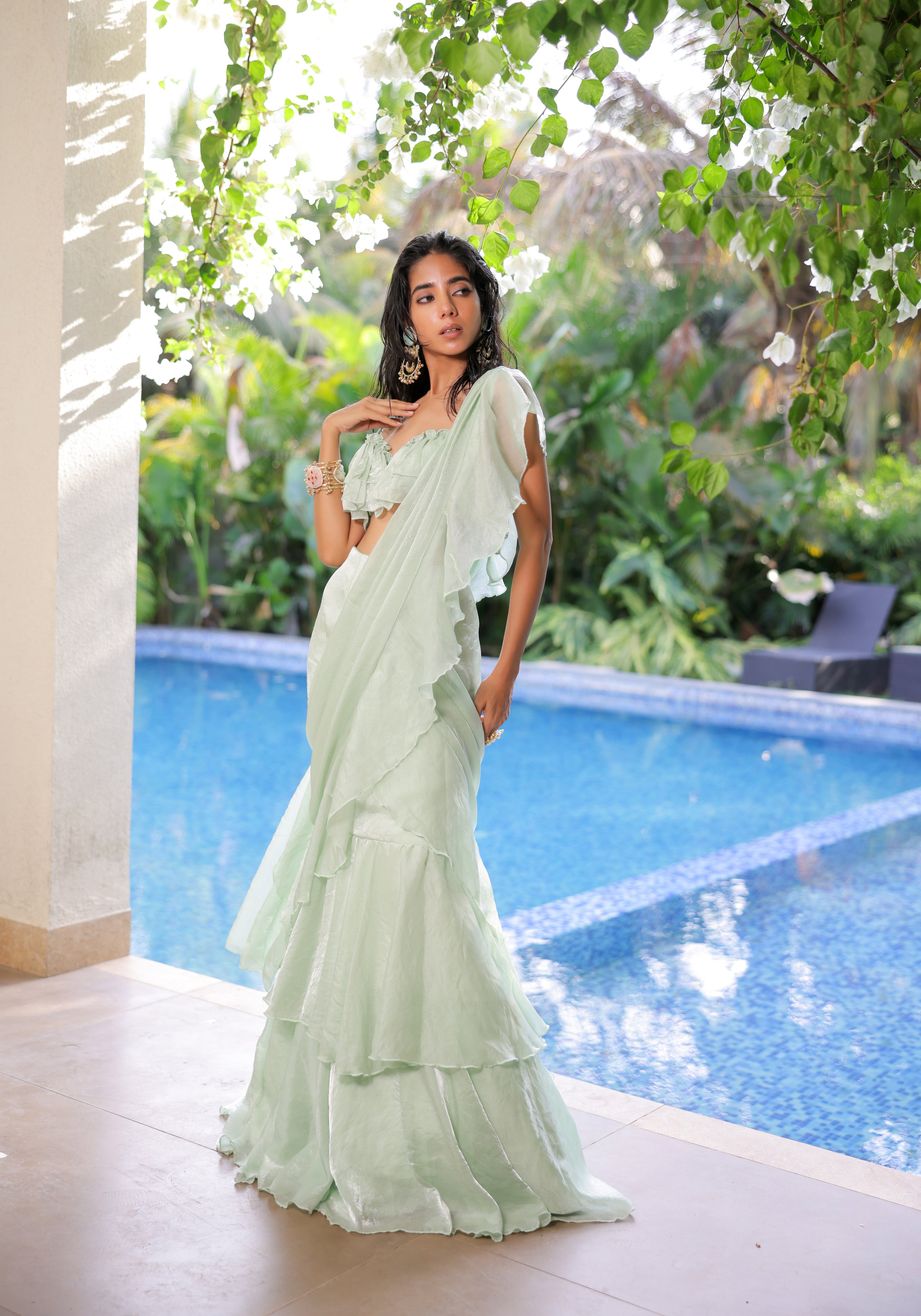 Mint Green Ruffle Draped Saree Set