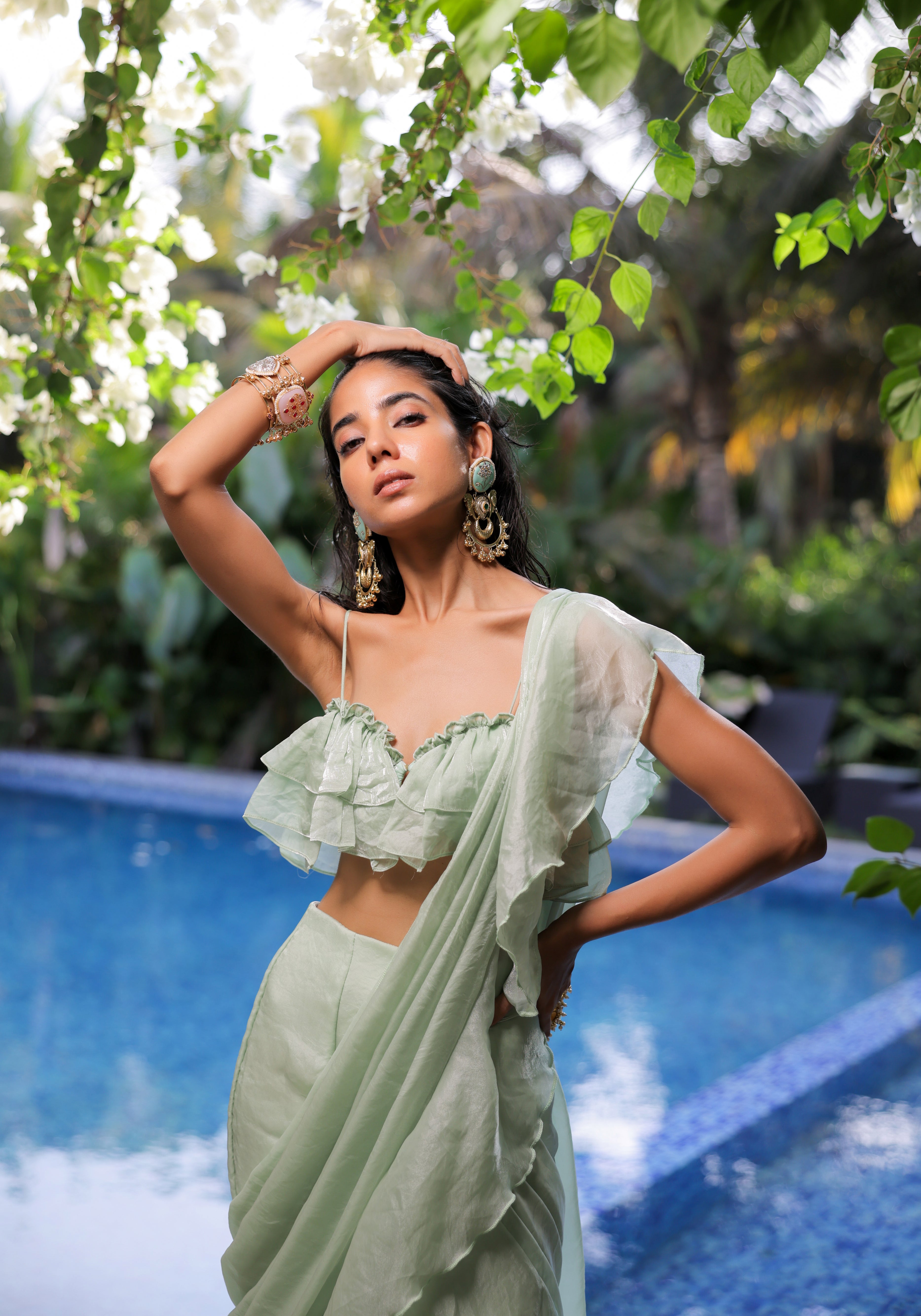 Mint Green Ruffle Draped Saree Set