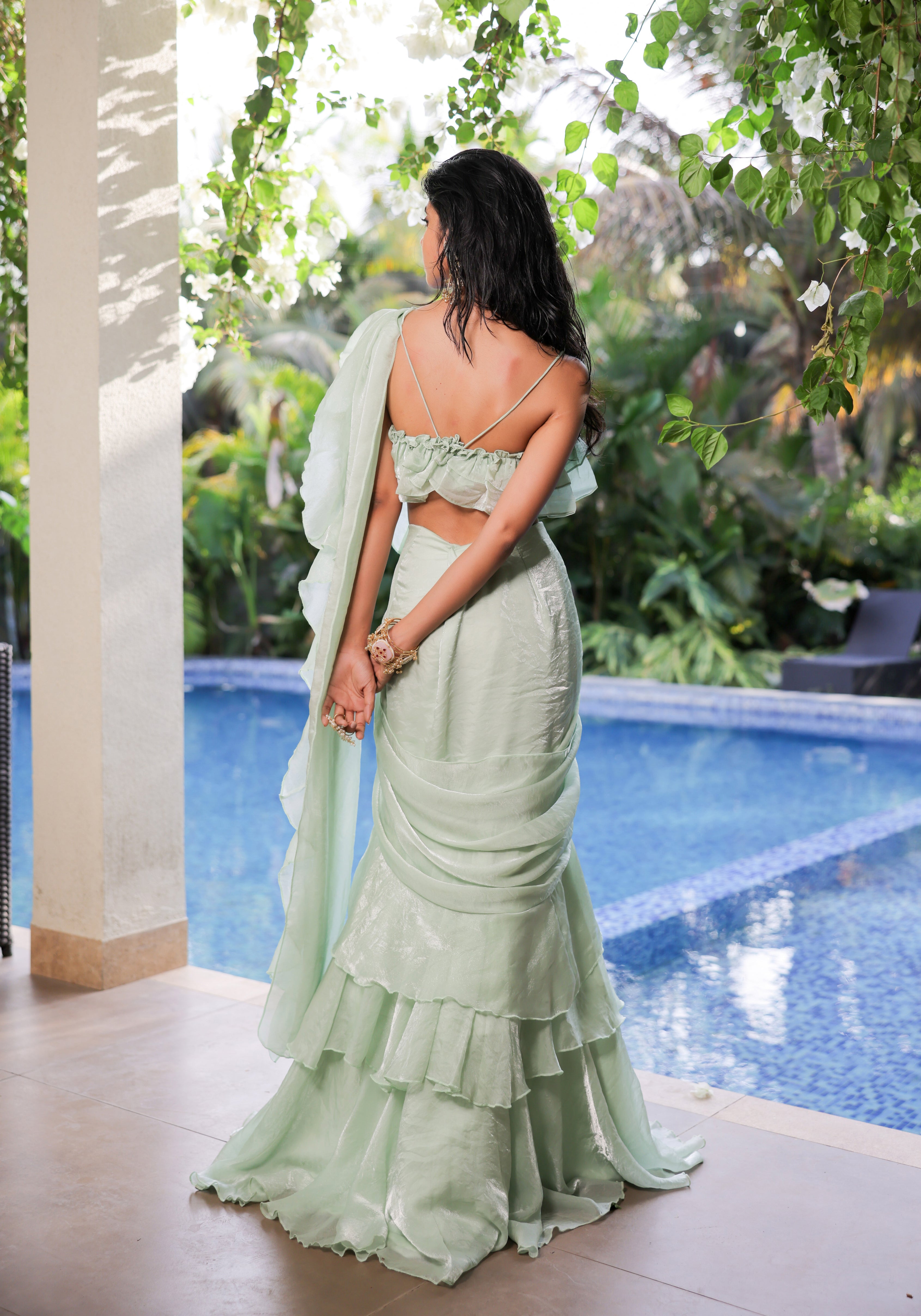 Mint Green Ruffle Draped Saree Set