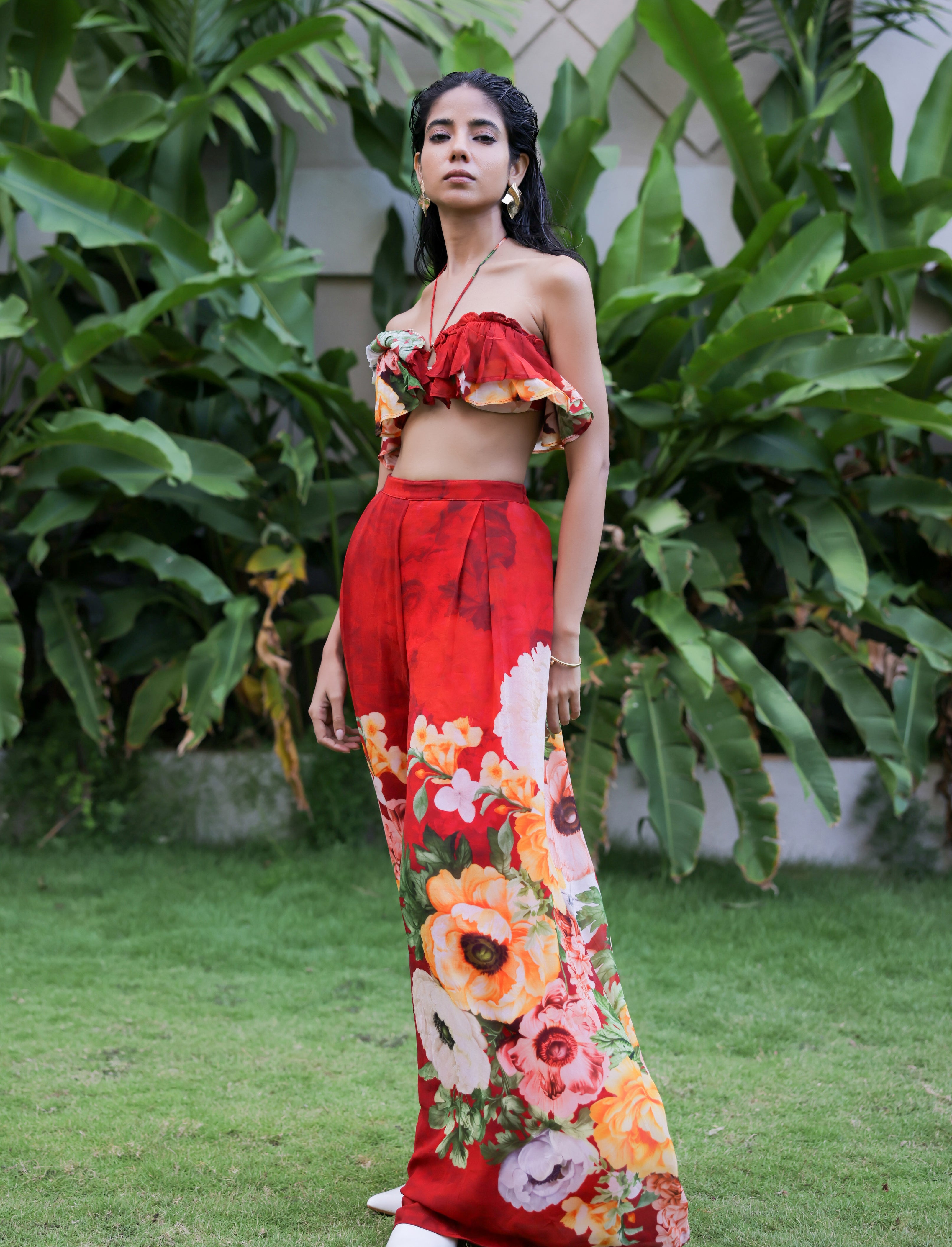 Red Floral printed Ruffle Pant Set