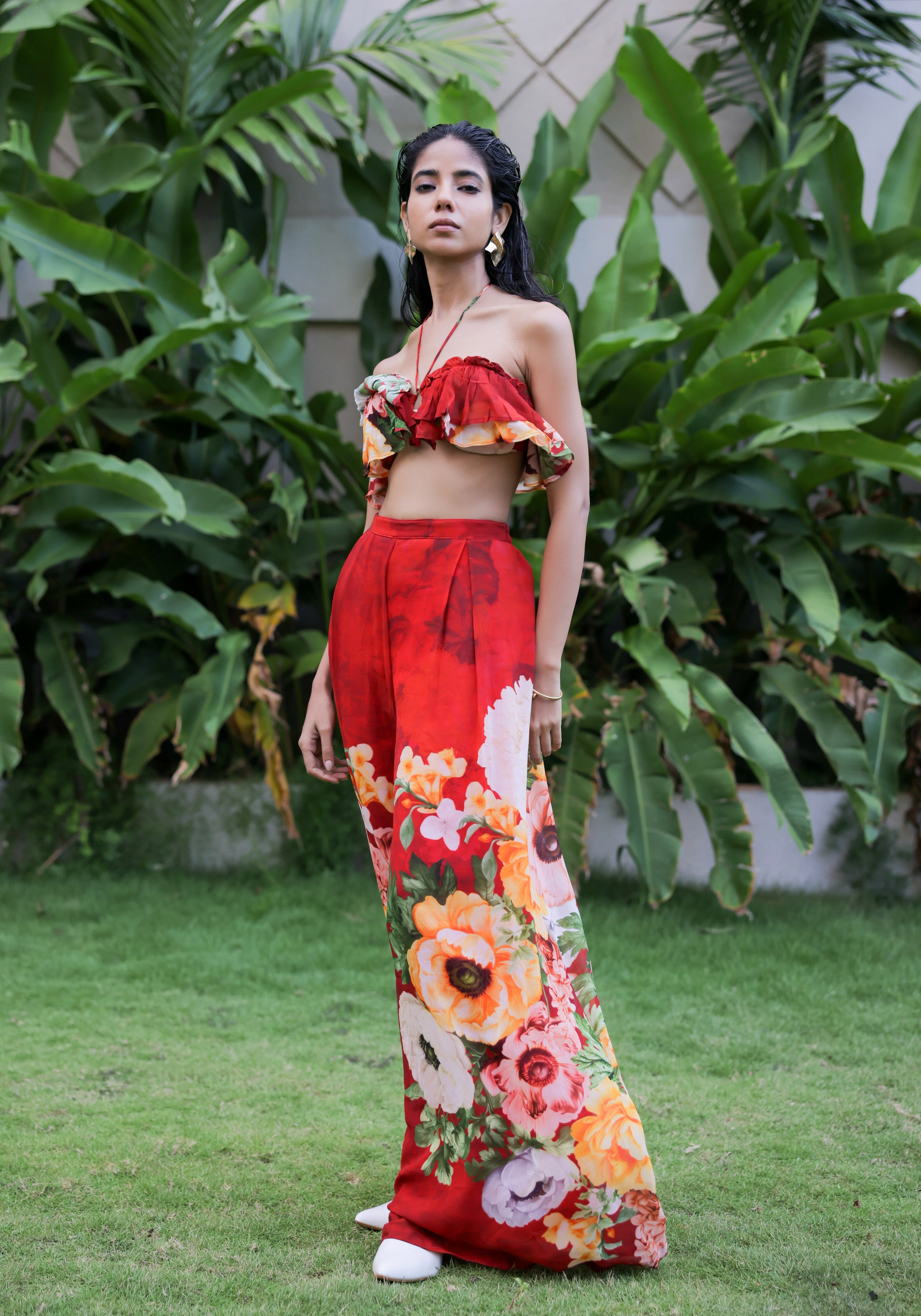 Red Floral printed Ruffle Pant Set