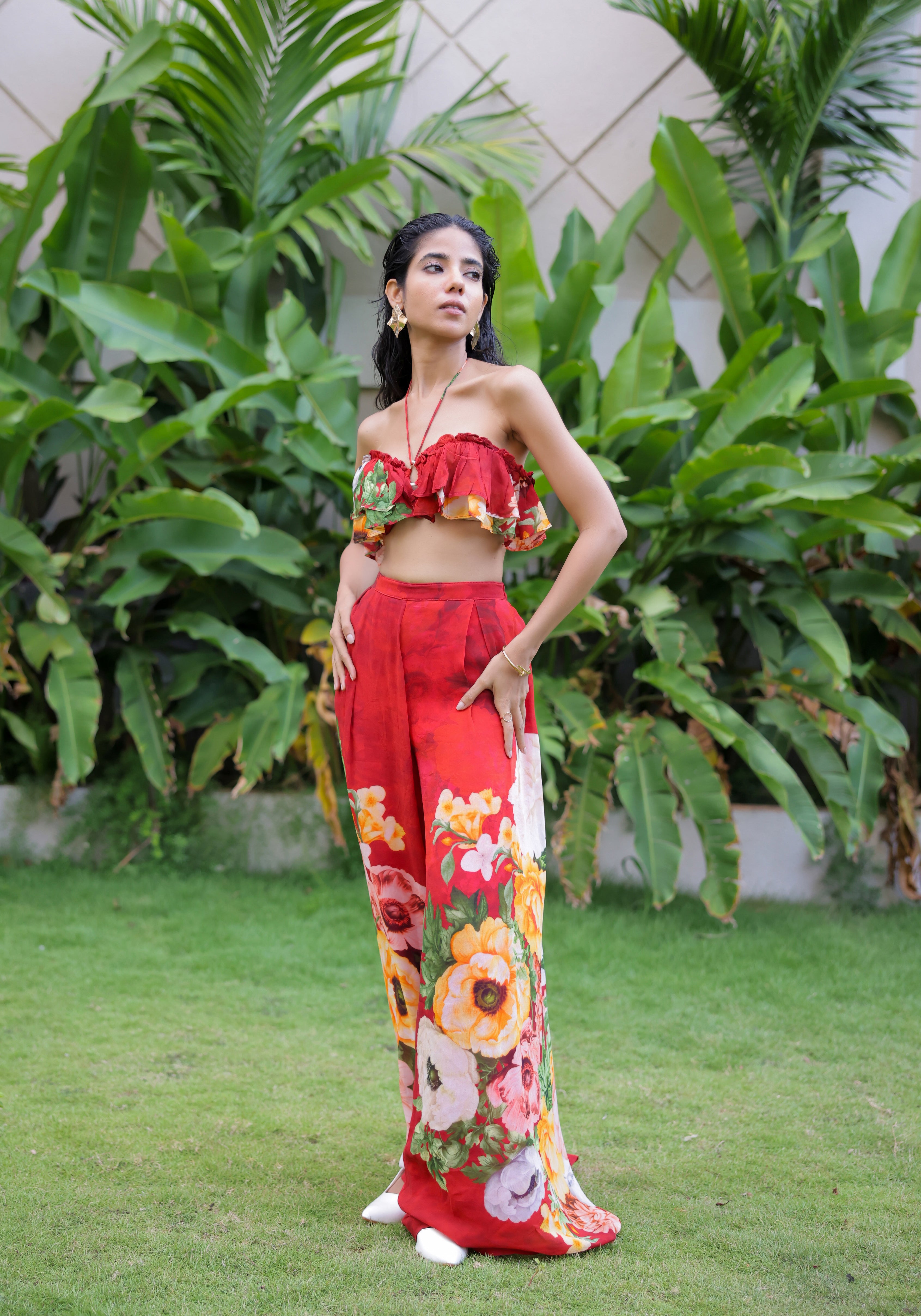 Red Floral printed Ruffle Pant Set