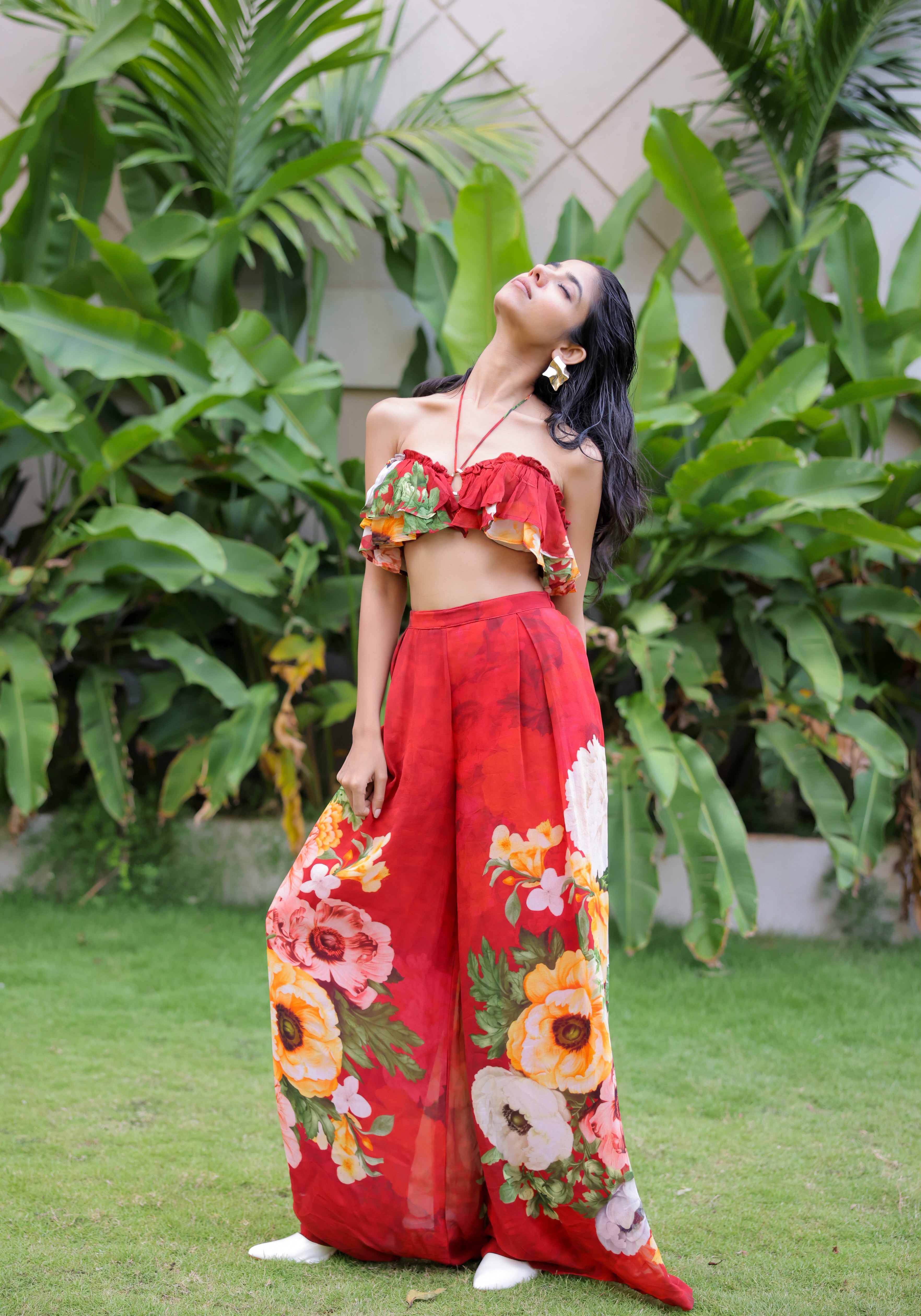 Red Floral printed Ruffle Pant Set