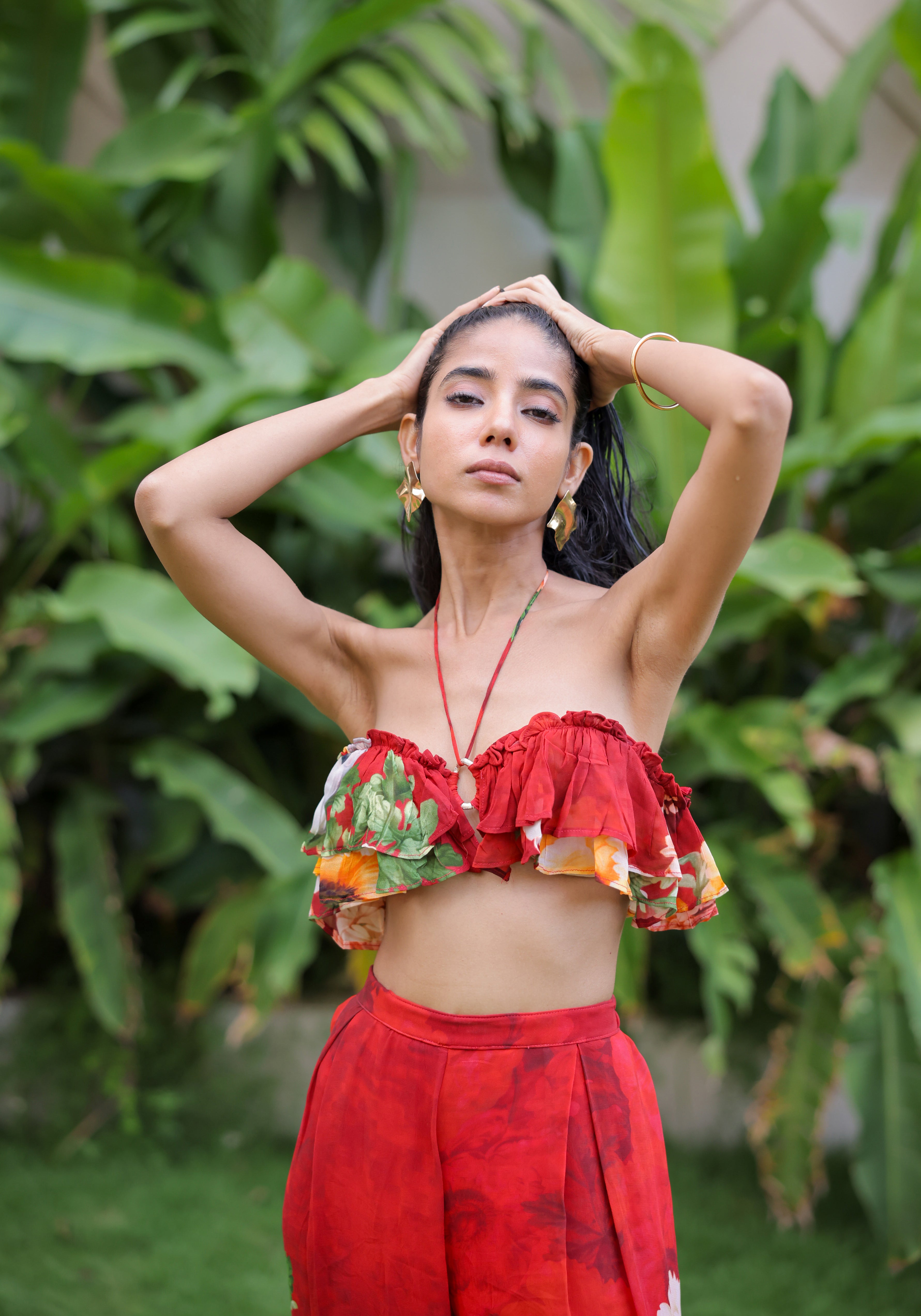 Red Floral printed Ruffle Pant Set