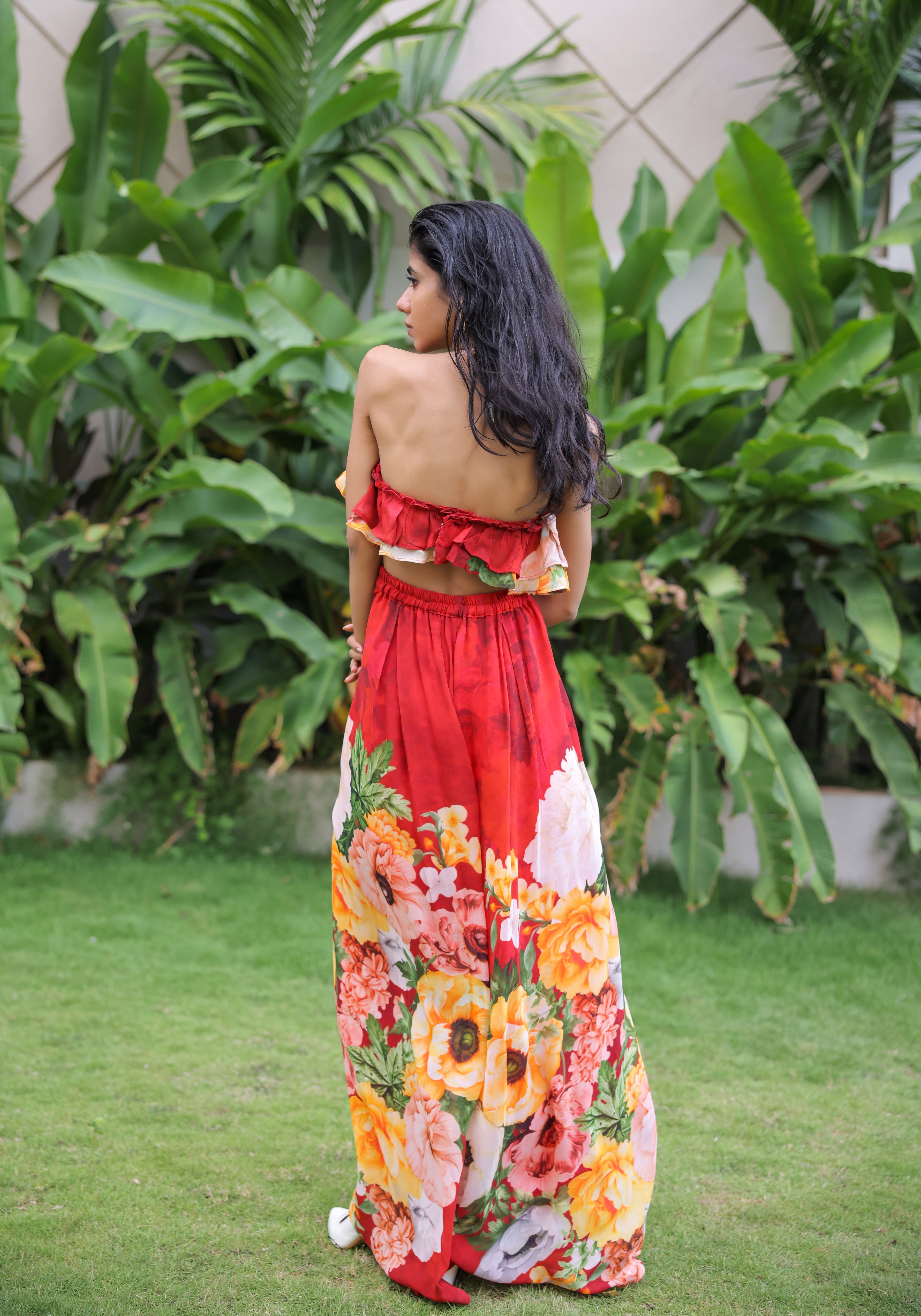 Red Floral printed Ruffle Pant Set