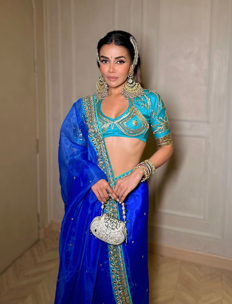Blue Embroidered Organza Saree Set