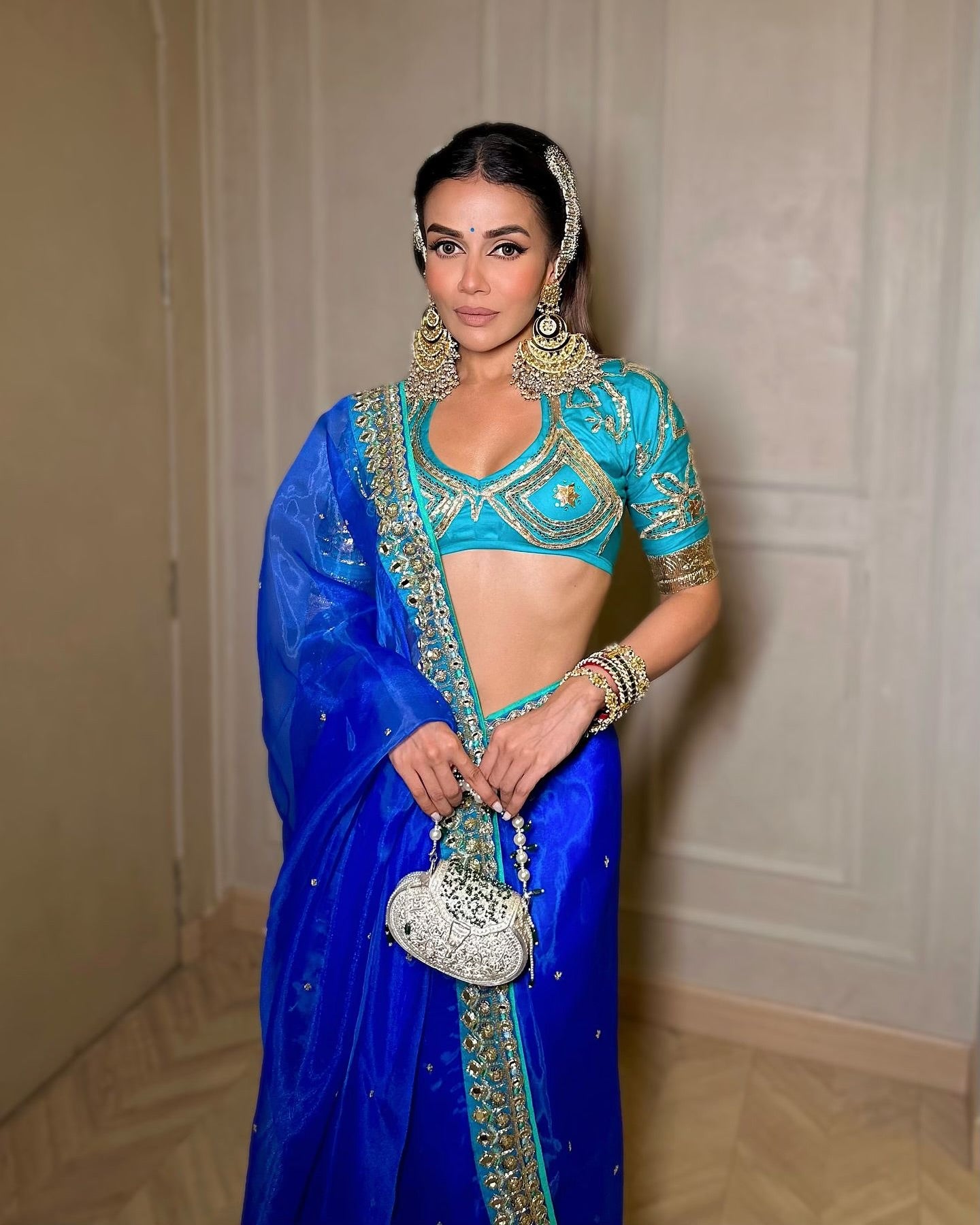 Blue Embroidered Organza Saree Set