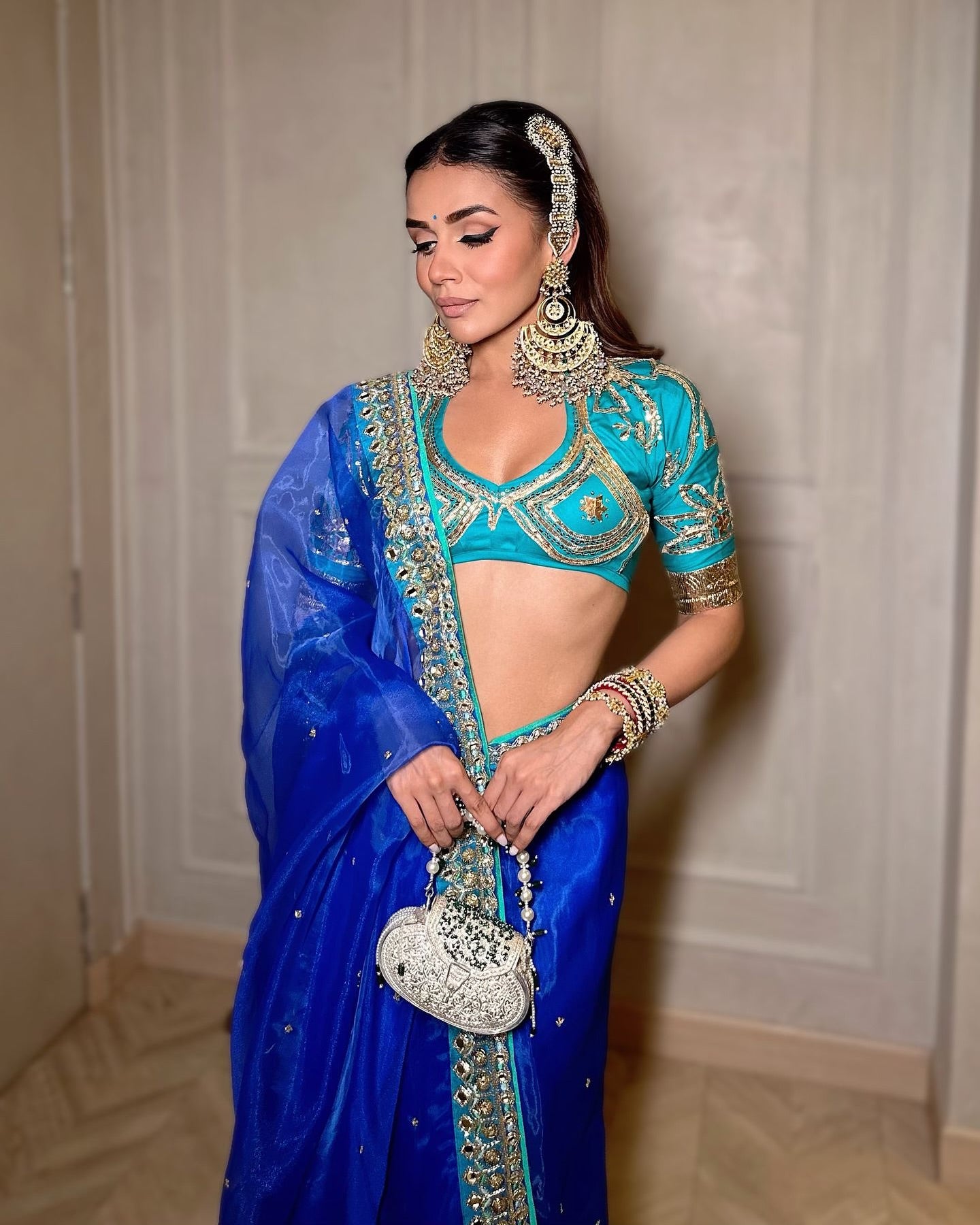 Blue Embroidered Organza Saree Set