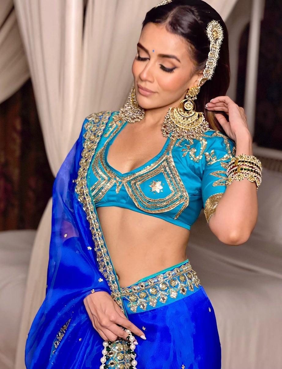 Blue Embroidered Organza Saree Set