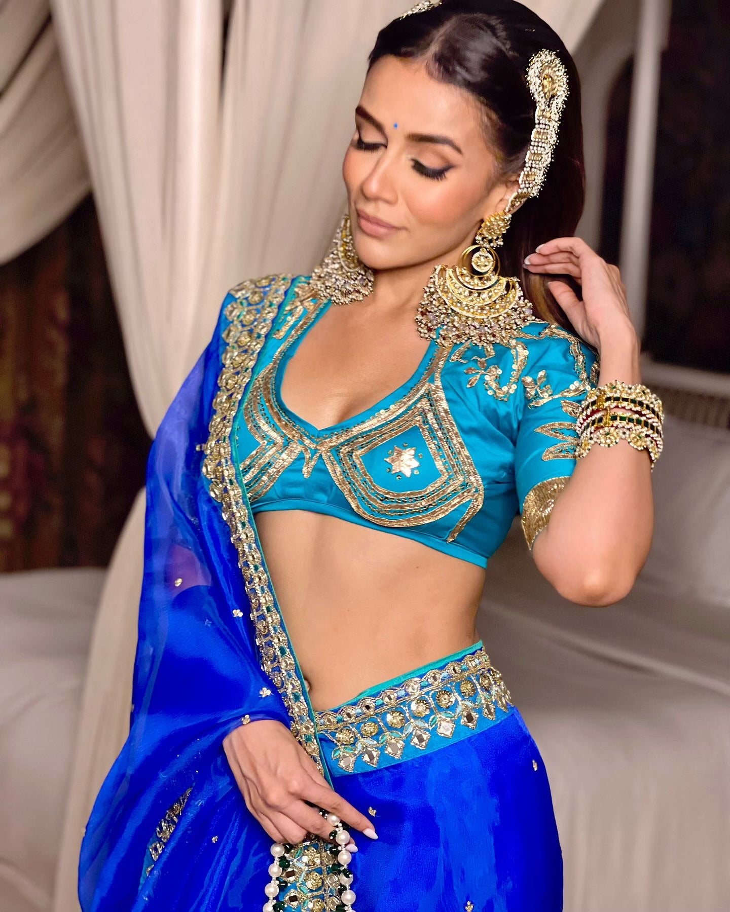 Blue Embroidered Organza Saree Set