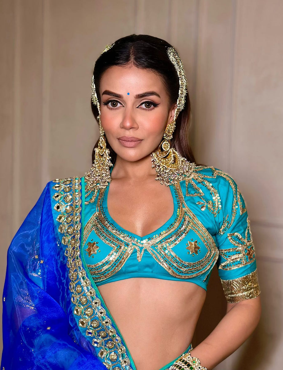 Blue Embroidered Organza Saree Set