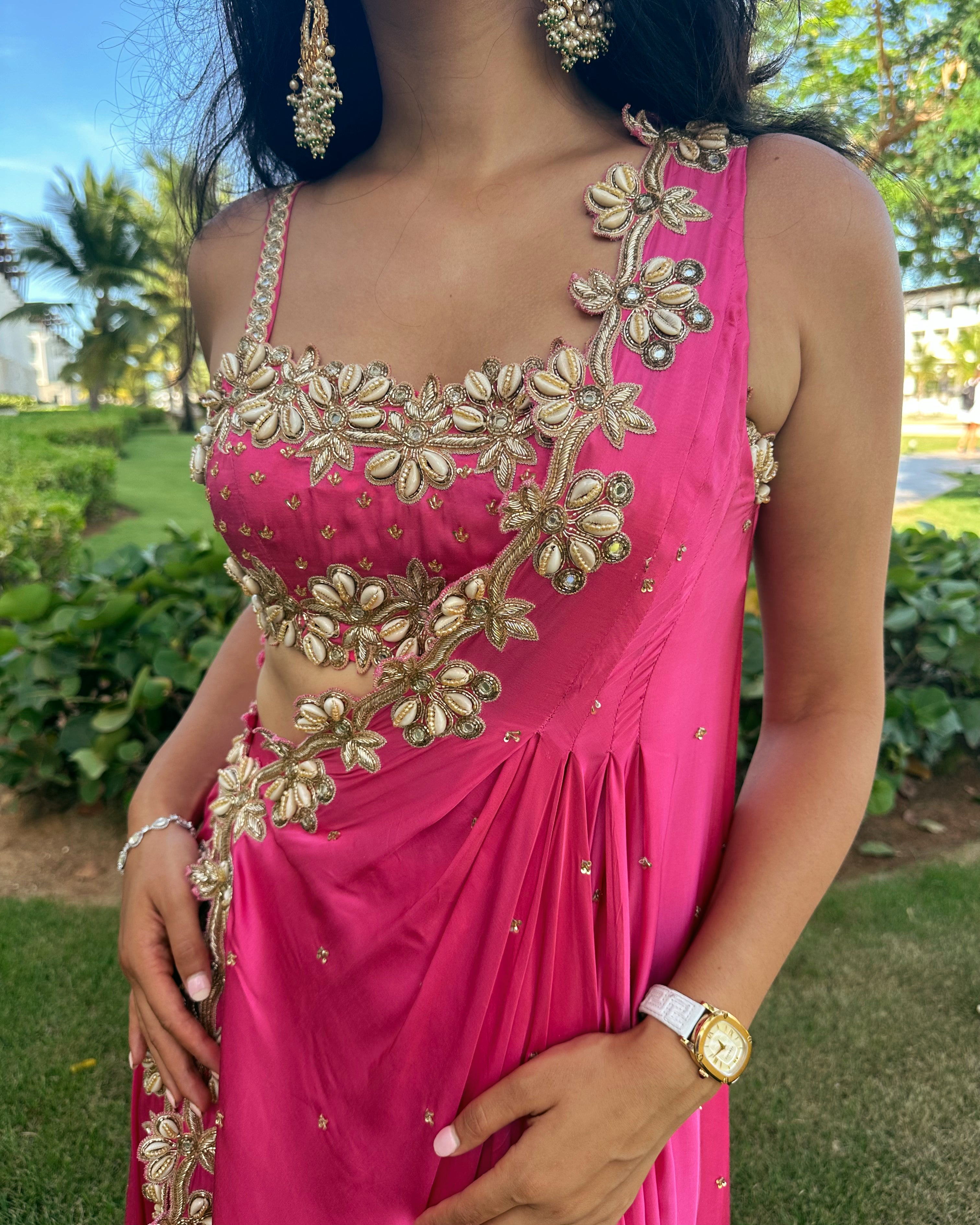 Pink Mirror and Cowrie Embroidered Cape Set