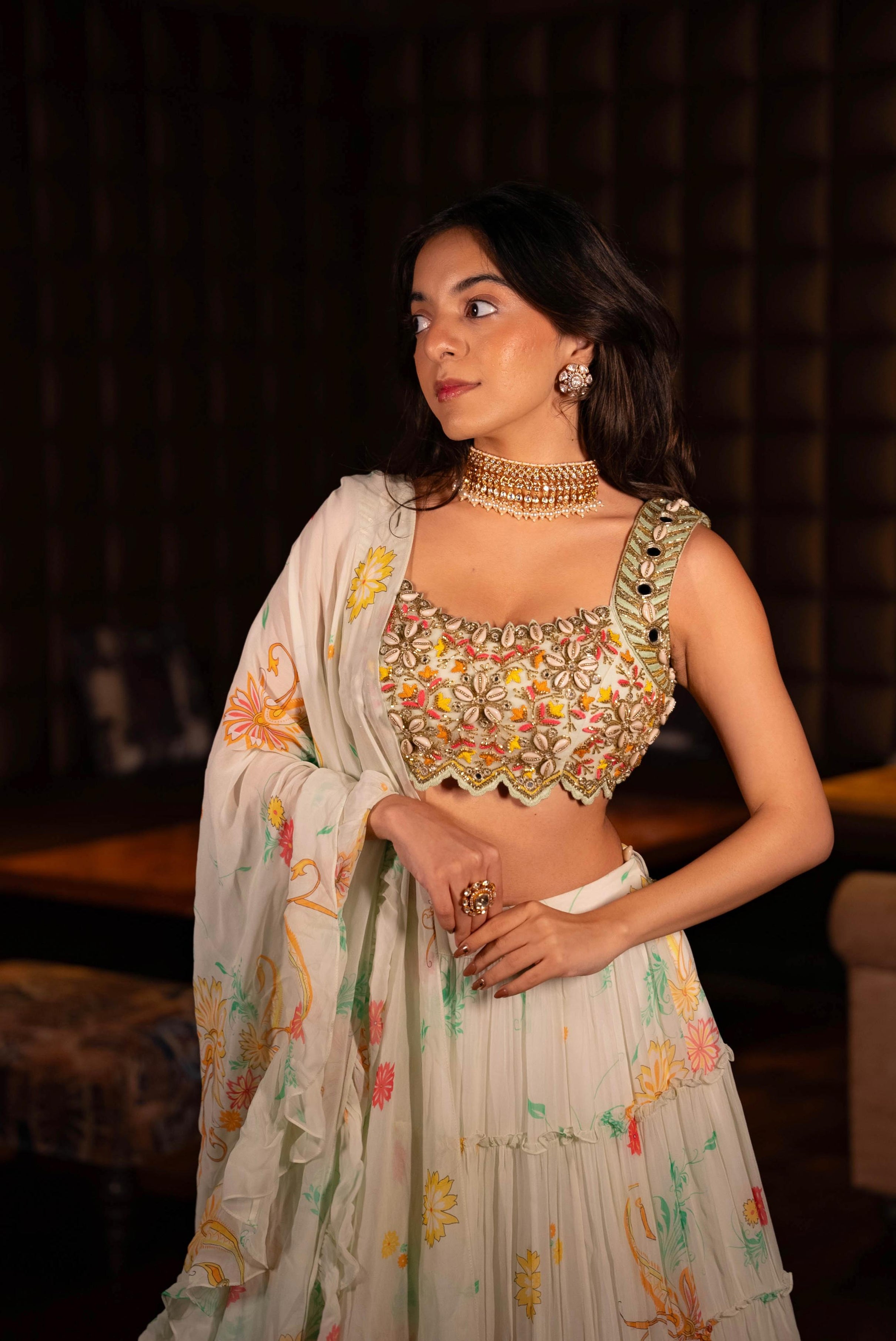 White Printed Tiered Lehenga Set