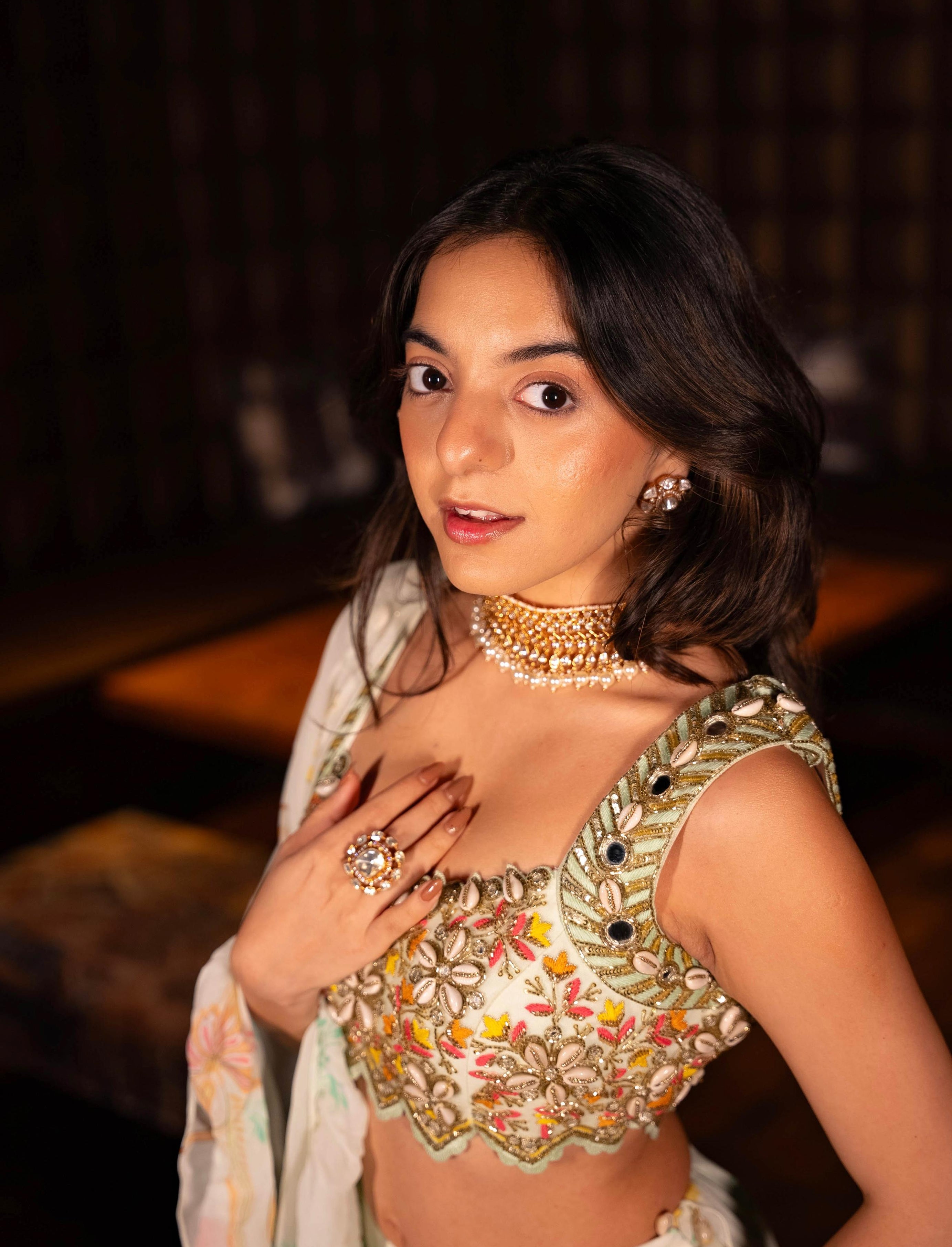 White Printed Tiered Lehenga Set