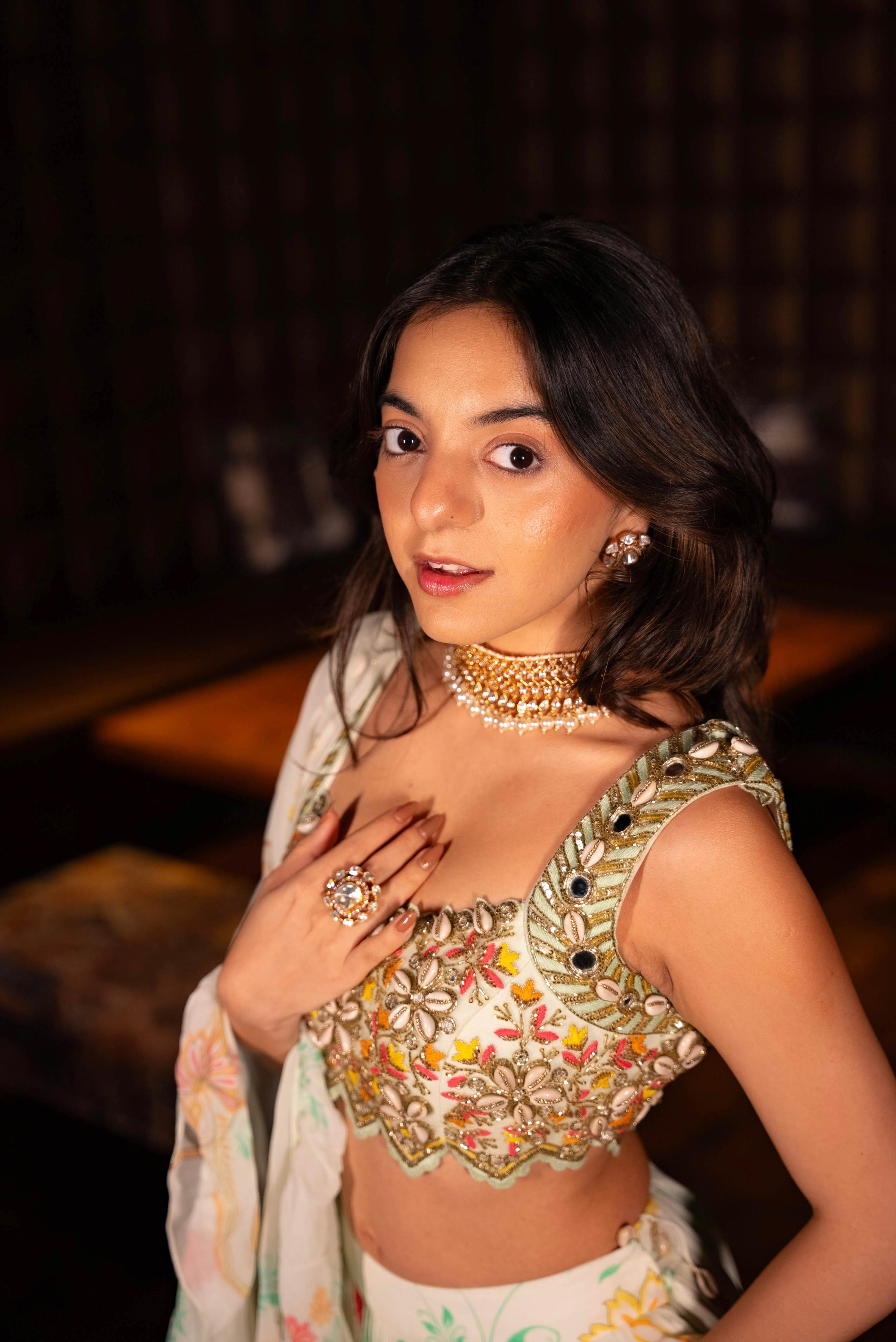 White Printed Tiered Lehenga Set