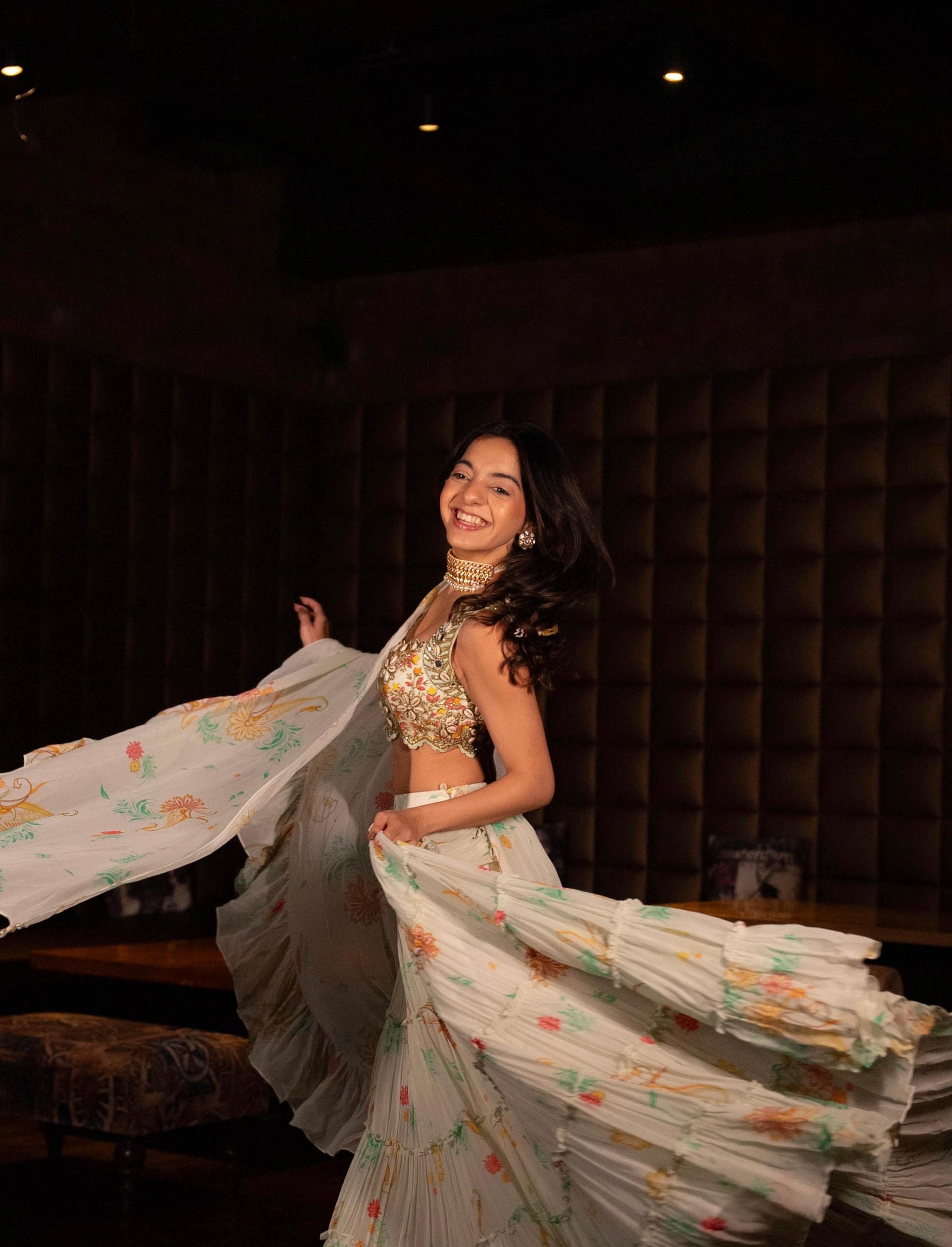 White Printed Tiered Lehenga Set