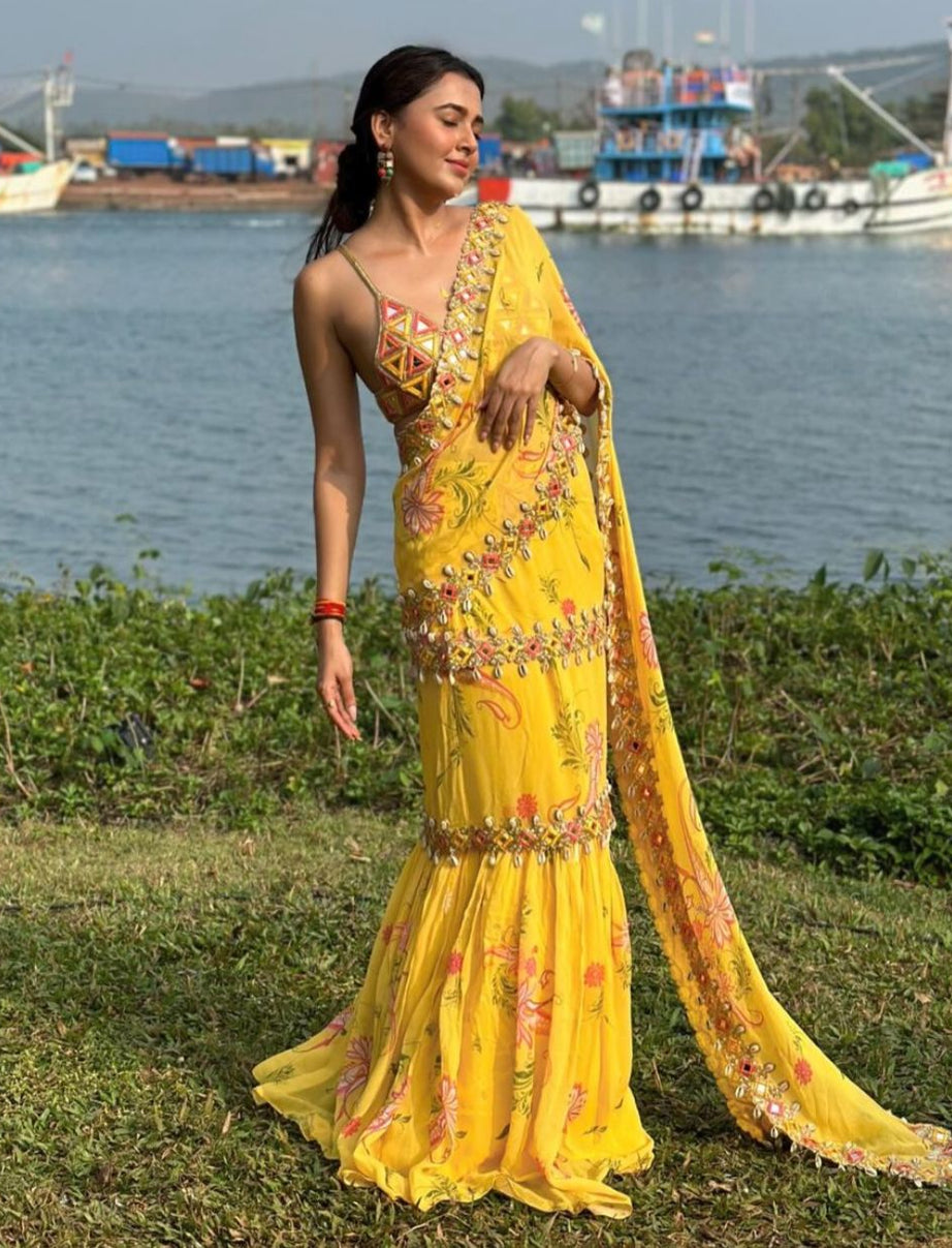 Yellow Pre-Draped Mumtaz Embroidered Paisley Print Saree Set