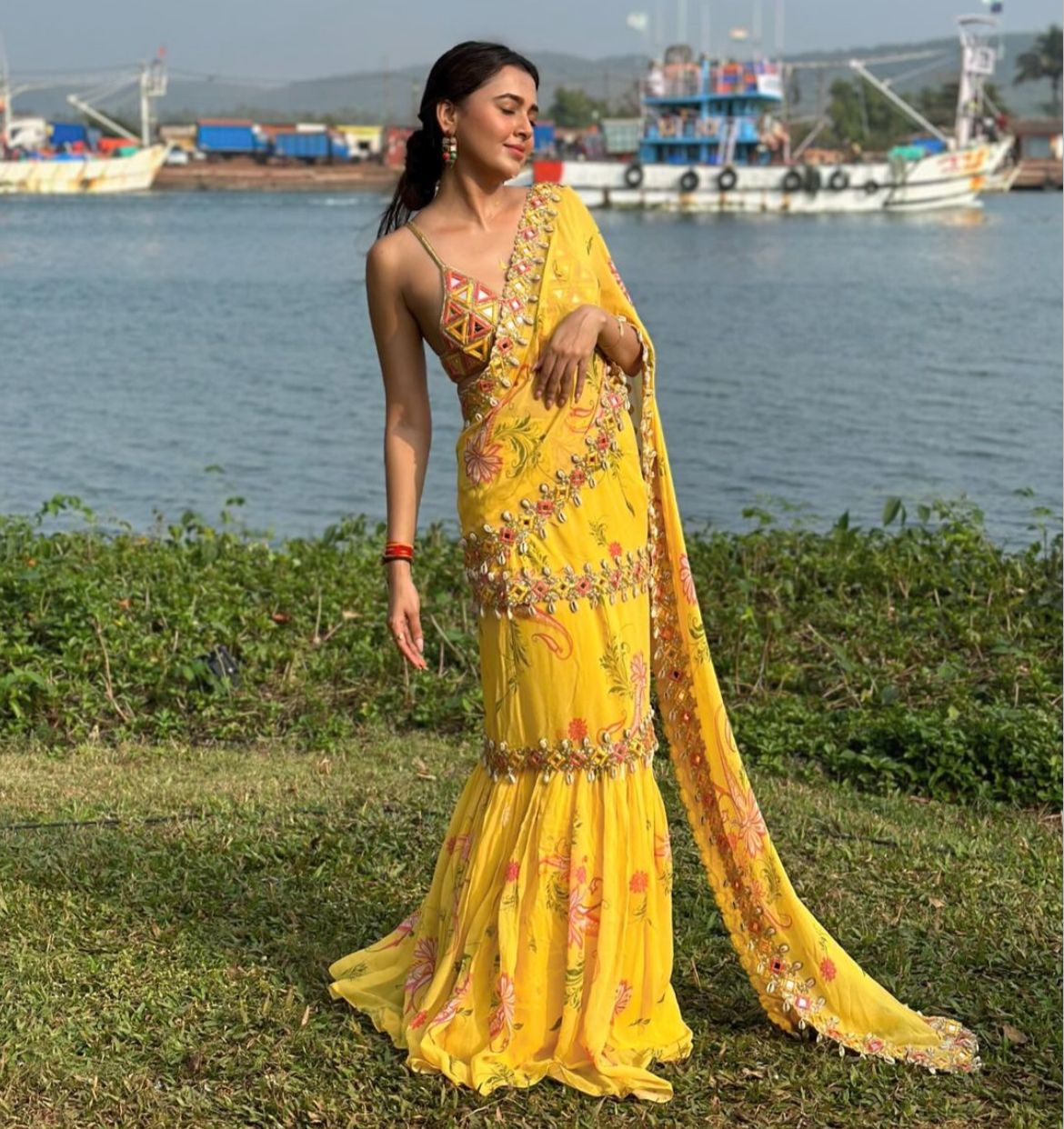 Yellow Pre-Draped Mumtaz Embroidered Paisley Print Saree Set