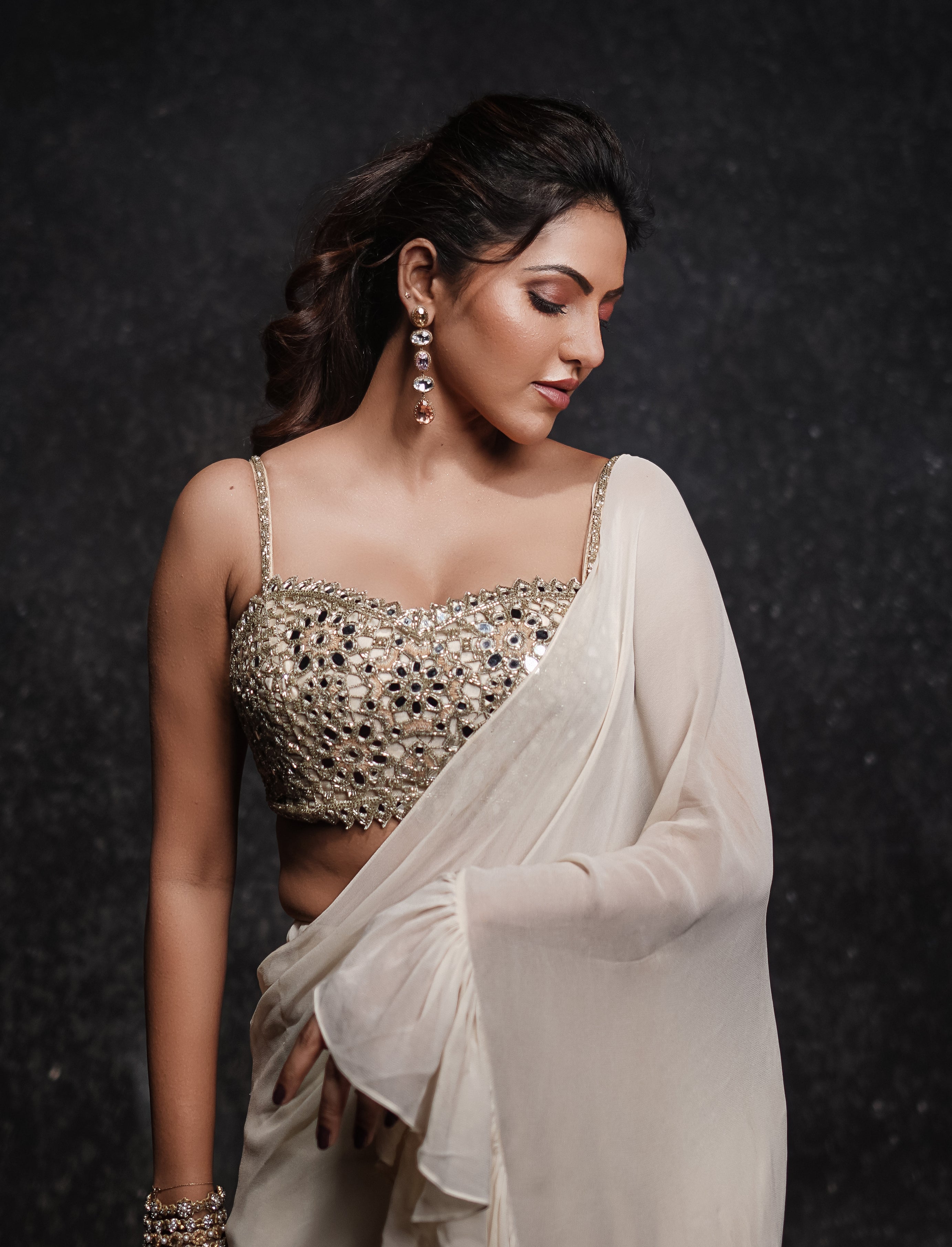 Cream Pre-Draped Ruffle Saree Set