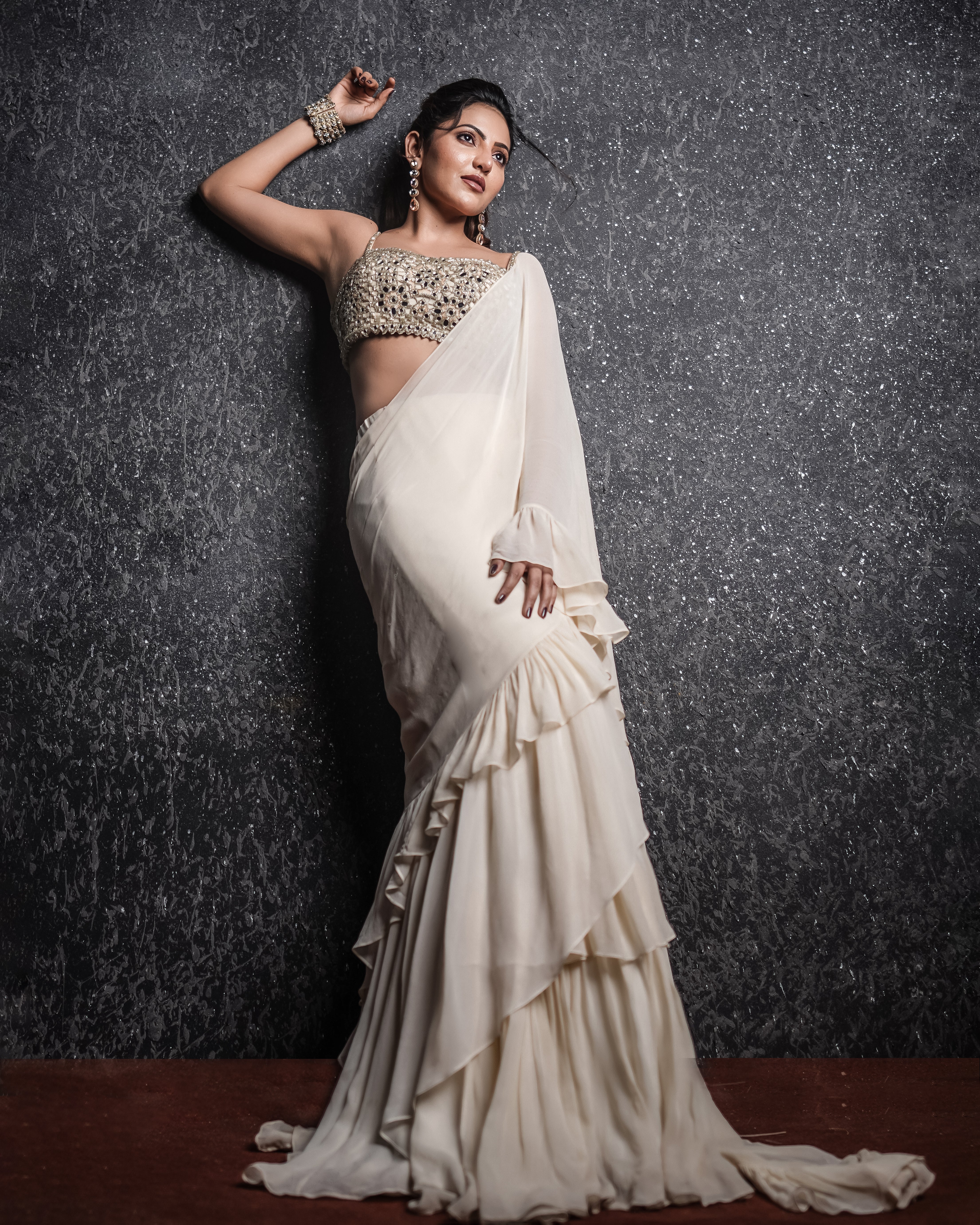 Cream Pre-Draped Ruffle Saree Set (S)