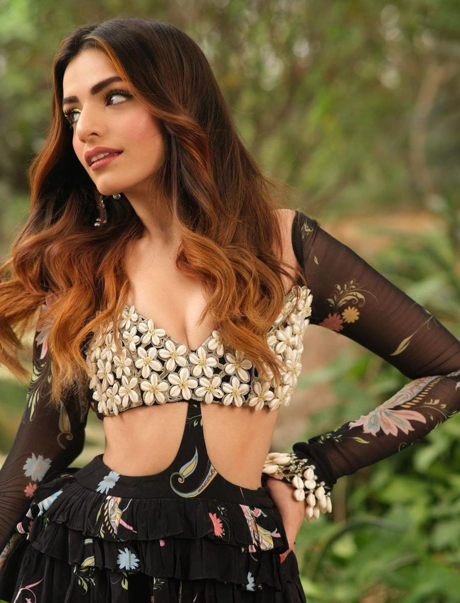 Black Print Cowrie Embroidered Maxi Dress